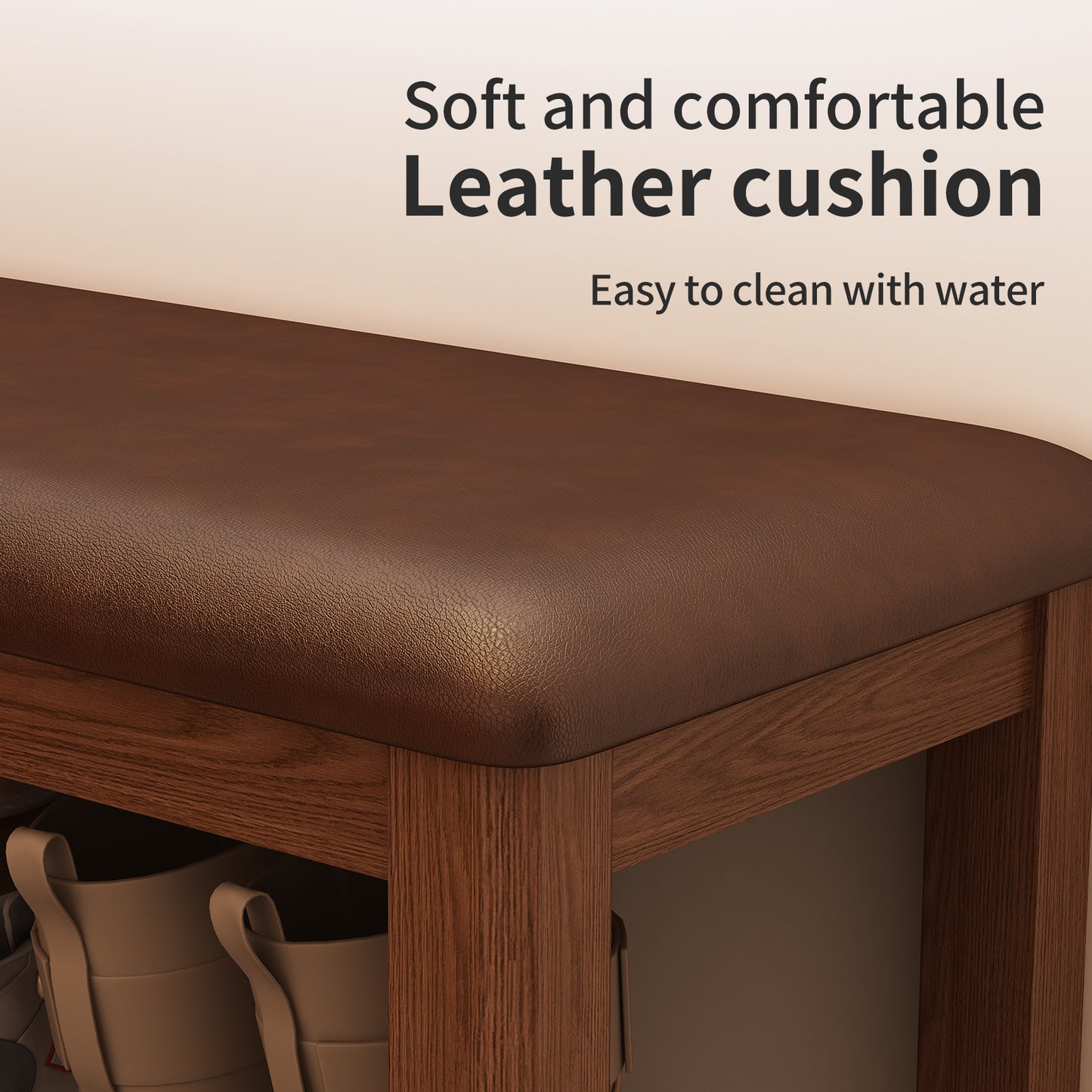 Shoe Bench with Leather Cushion, 3 Tiers Shoe Storage Bench Height Adjustable, Walnut Wood Entryway Bench for Hallway, Mudroom