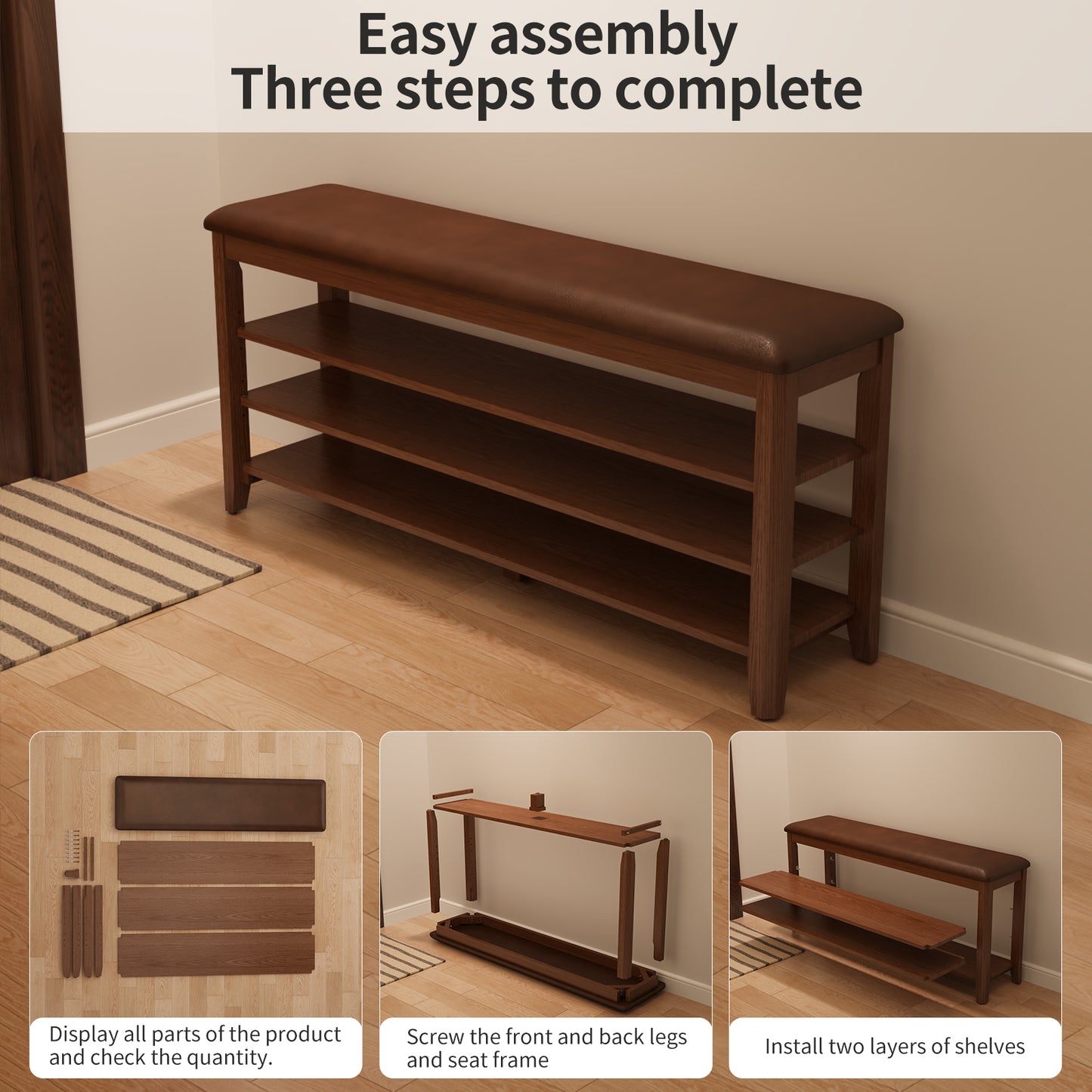 Shoe Bench with Leather Cushion, 3 Tiers Shoe Storage Bench Height Adjustable, Walnut Wood Entryway Bench for Hallway, Mudroom