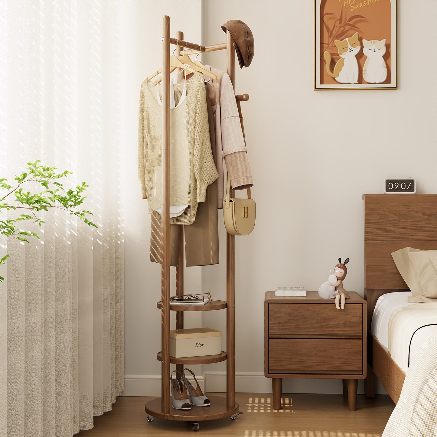 Solid Wood Coat Rack with Brake Wheels,T-shape Design Coat Rack Freestanding, Coat Rack Stand for Suits Clothes Jacket Entryway,Bedroom,Living Room