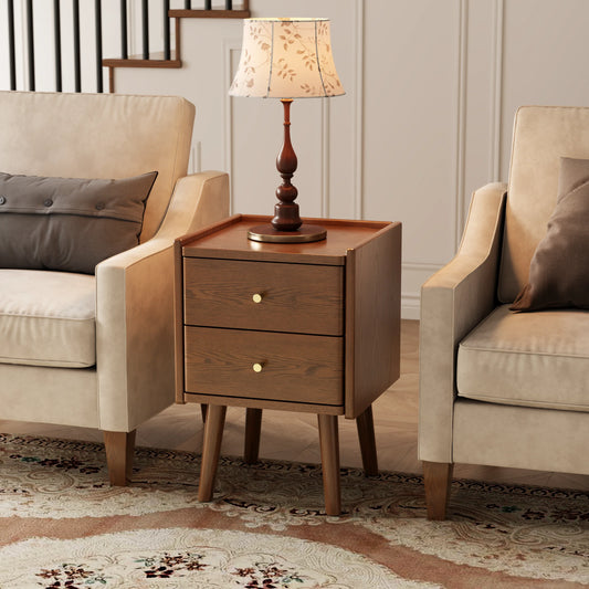 Solid Wood Nightstand 2 Drawer | Mid Century Bedside Table - Kaslandi Furniture