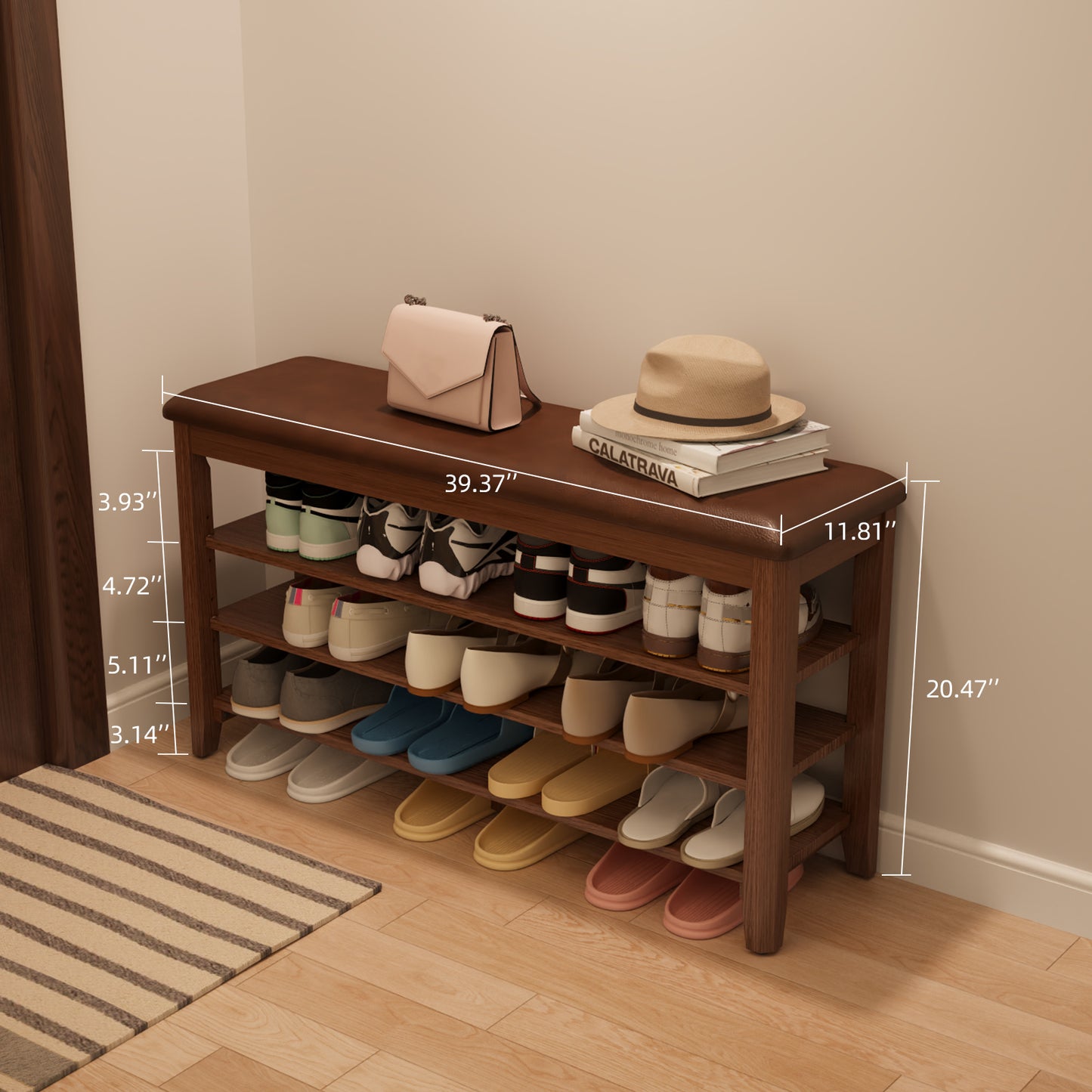 Shoe Bench with Leather Cushion, 3 Tiers Shoe Storage Bench Height Adjustable, Walnut Wood Entryway Bench for Hallway, Mudroom