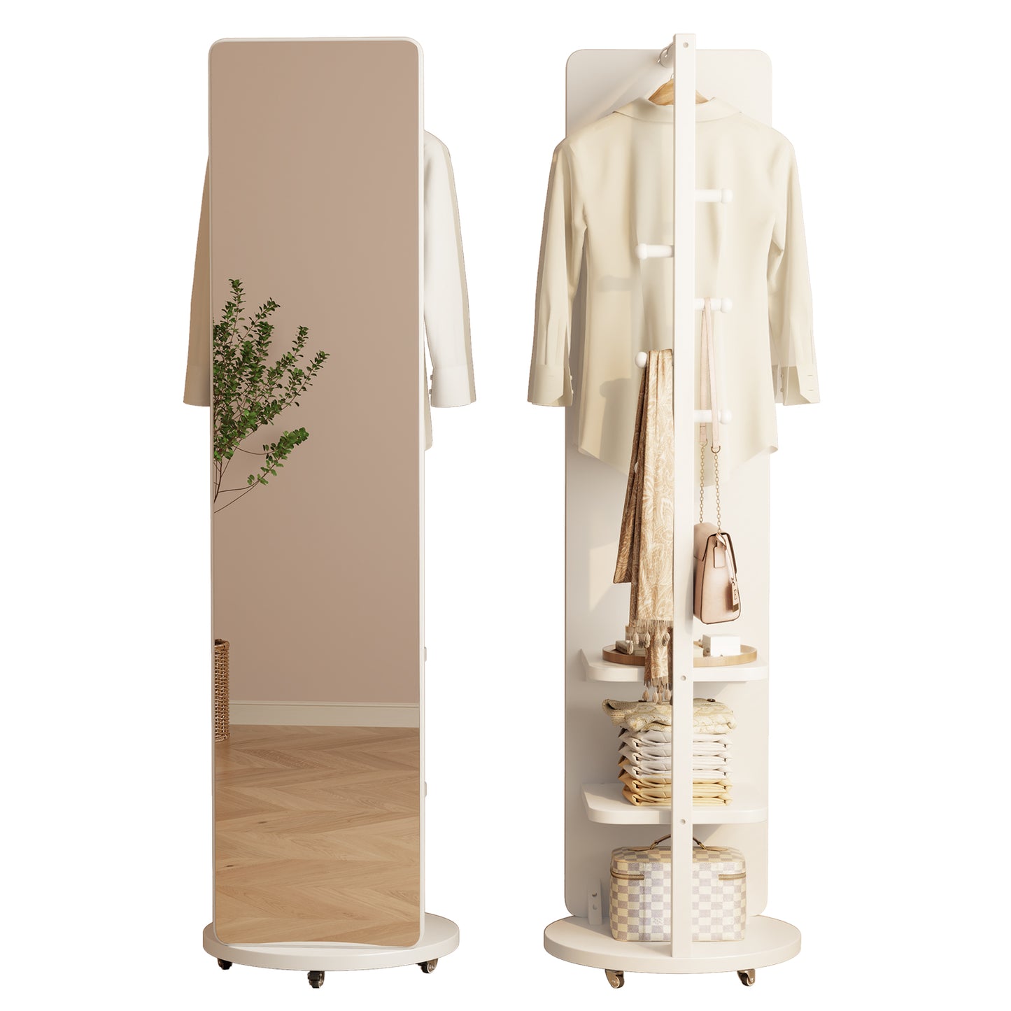 Ceramic Art Piece-2Full Length Mirror with Brake Wheels, 70"x16", Unique Solid Wood Oversized Floor Mirror with Coat Rack, Full Body Mirror for Bedroom, Living Room