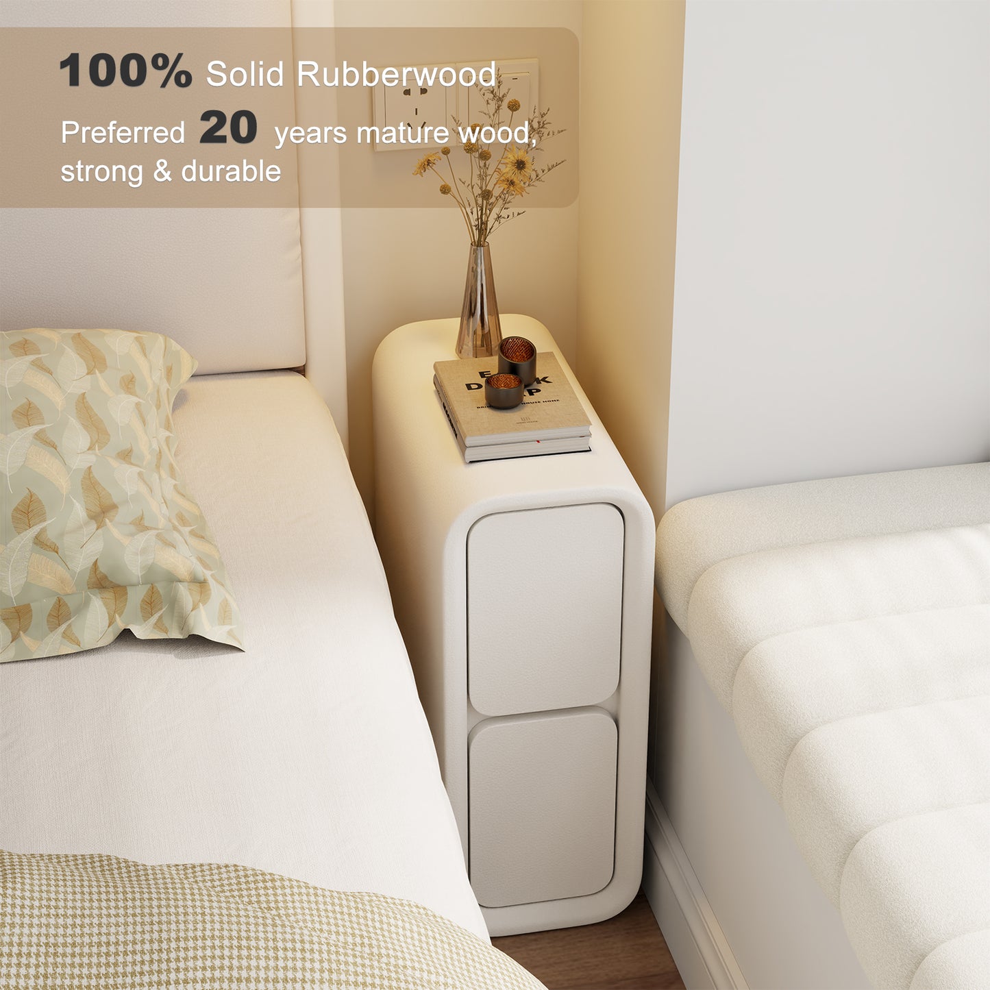 Narrow Nightstand with Drawers - Solid Wood Nightstand with Leather Surface, Small White Bedside Table for Bedroom