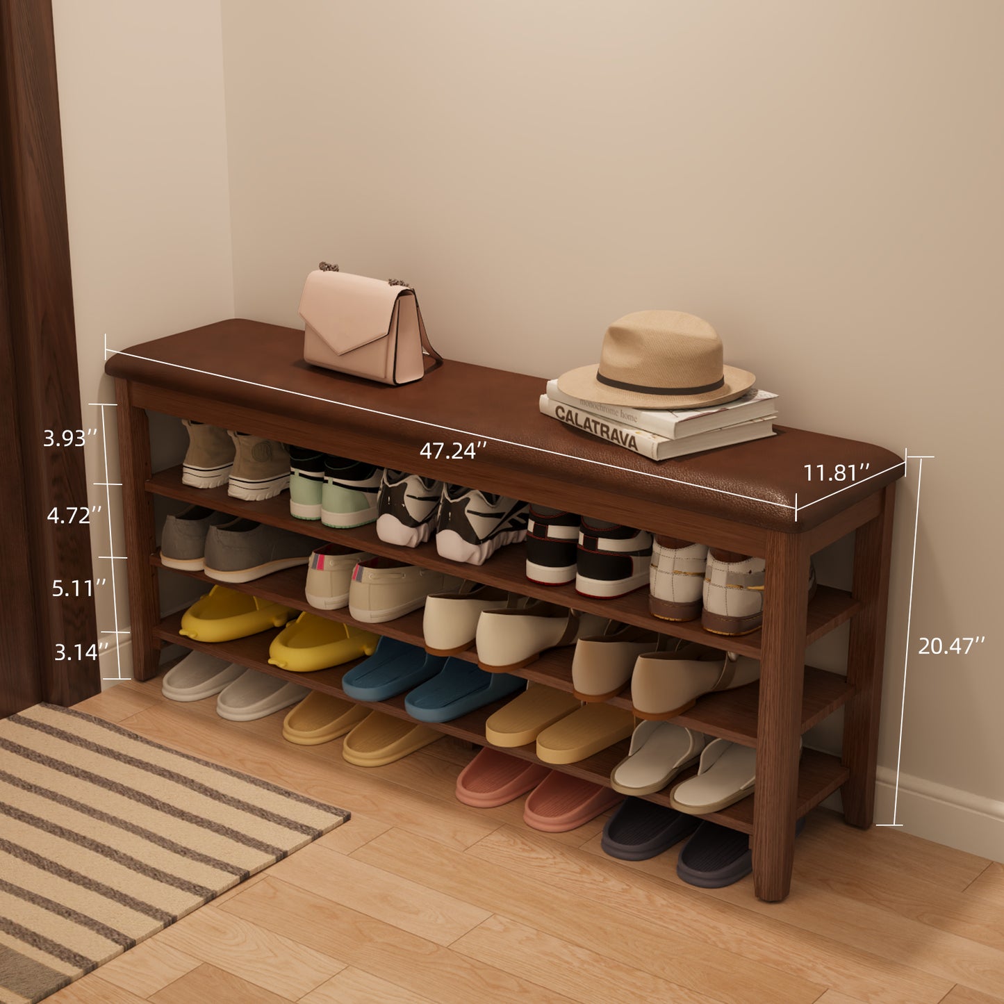 Shoe Bench with Leather Cushion, 3 Tiers Shoe Storage Bench Height Adjustable, Walnut Wood Entryway Bench for Hallway, Mudroom