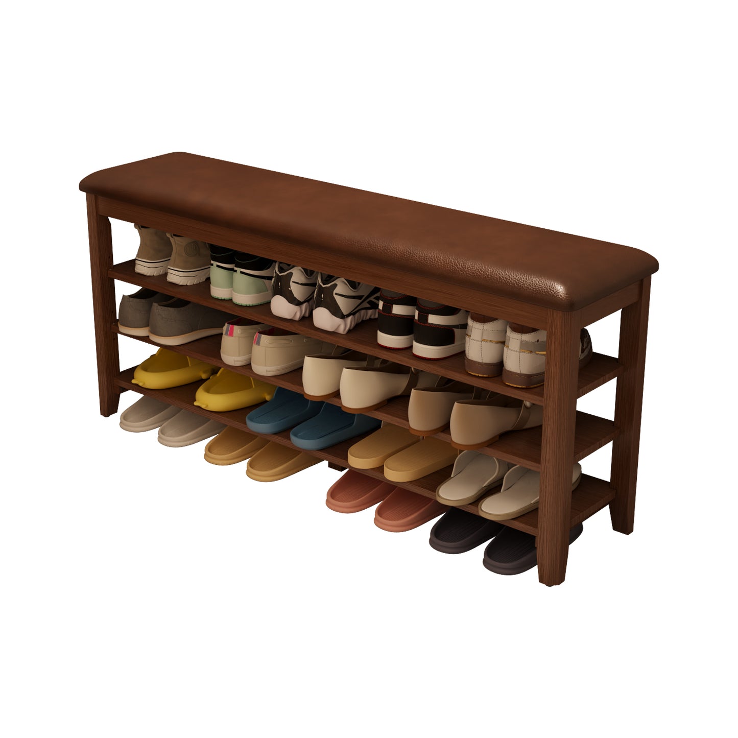 Shoe Bench with Leather Cushion, 3 Tiers Shoe Storage Bench Height Adjustable, Walnut Wood Entryway Bench for Hallway, Mudroom