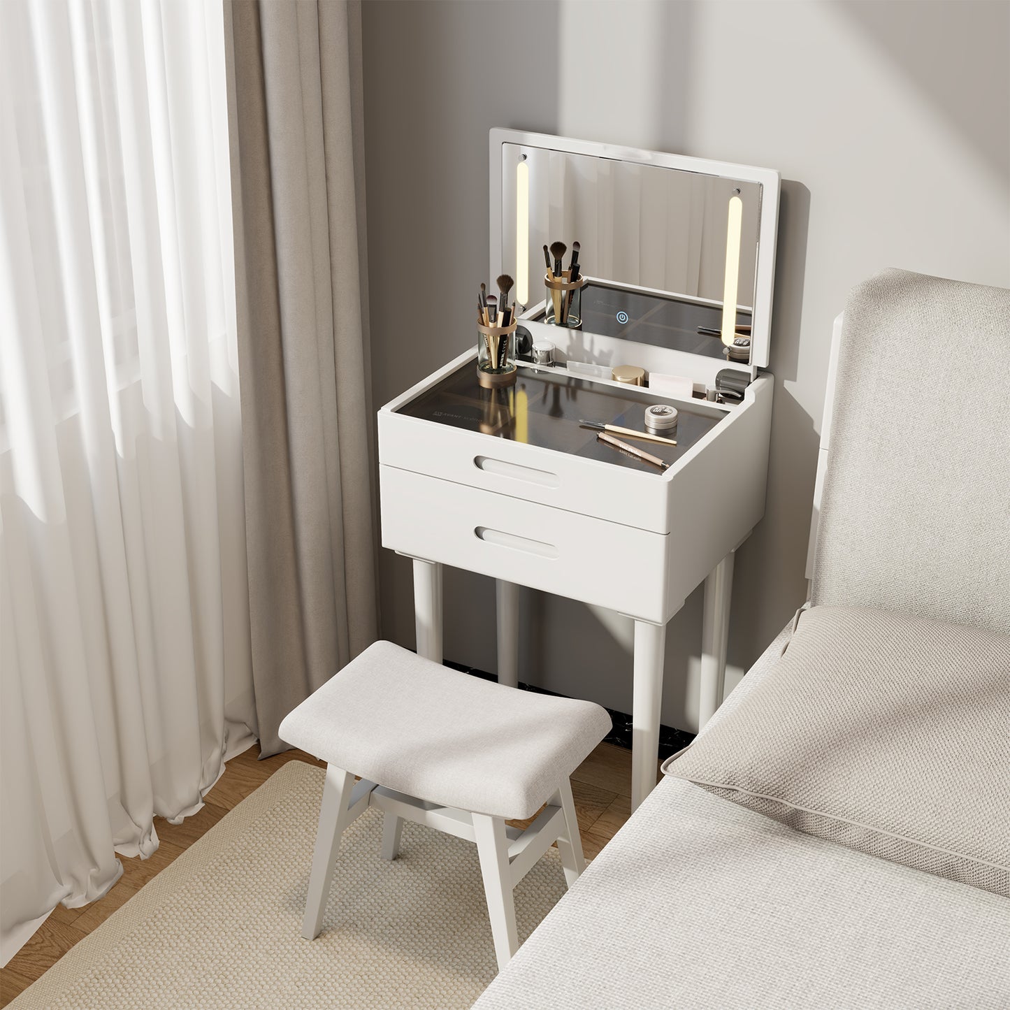 Solid Wood Vanity Desk with Plip Top Mirror & Lights, Small Makeup Vanity with Drawers, 3 Lighting Modes Adjustable Brightness, Vanity Table for Bedroom and Living Room
