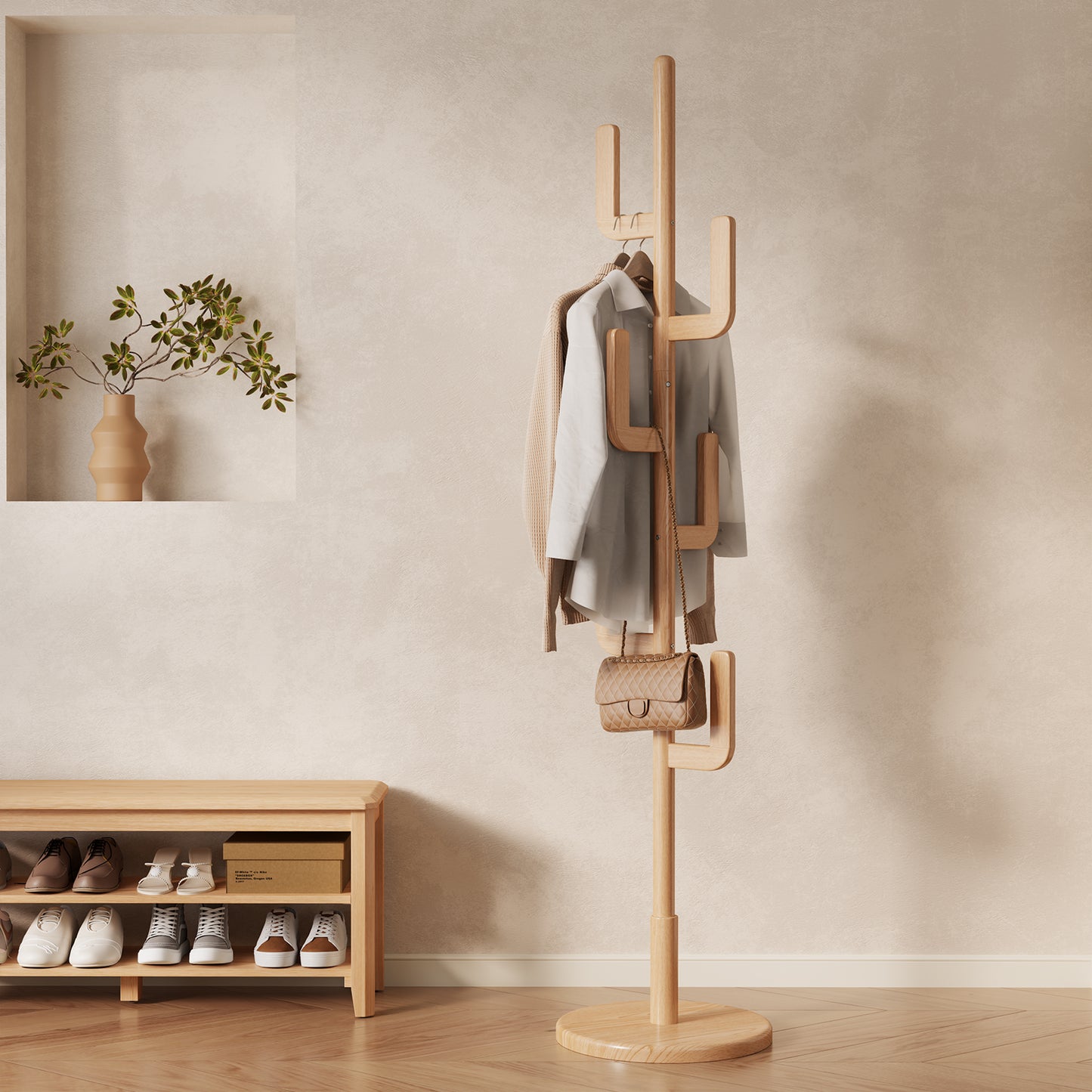 Solid Wood Cactus Coat Rack Stand, Freestanding Coat Rack with 6 L-shaped Hooks and 3 Adjustable Sizes, Sturdy and Easy to Assemble Coat Tree for Entryway, Bedroom
