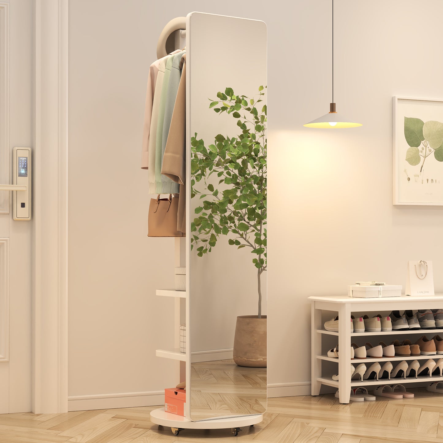 Ceramic Art Piece-2Full Length Mirror with Brake Wheels, 70"x16", Unique Solid Wood Oversized Floor Mirror with Coat Rack, Full Body Mirror for Bedroom, Living Room