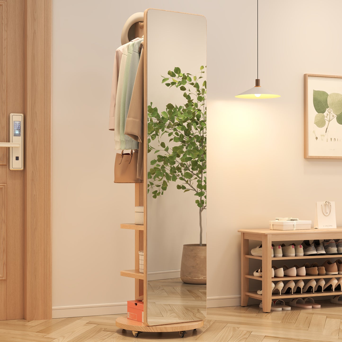 Ceramic Art Piece-2Full Length Mirror with Brake Wheels, 70"x16", Unique Solid Wood Oversized Floor Mirror with Coat Rack, Full Body Mirror for Bedroom, Living Room