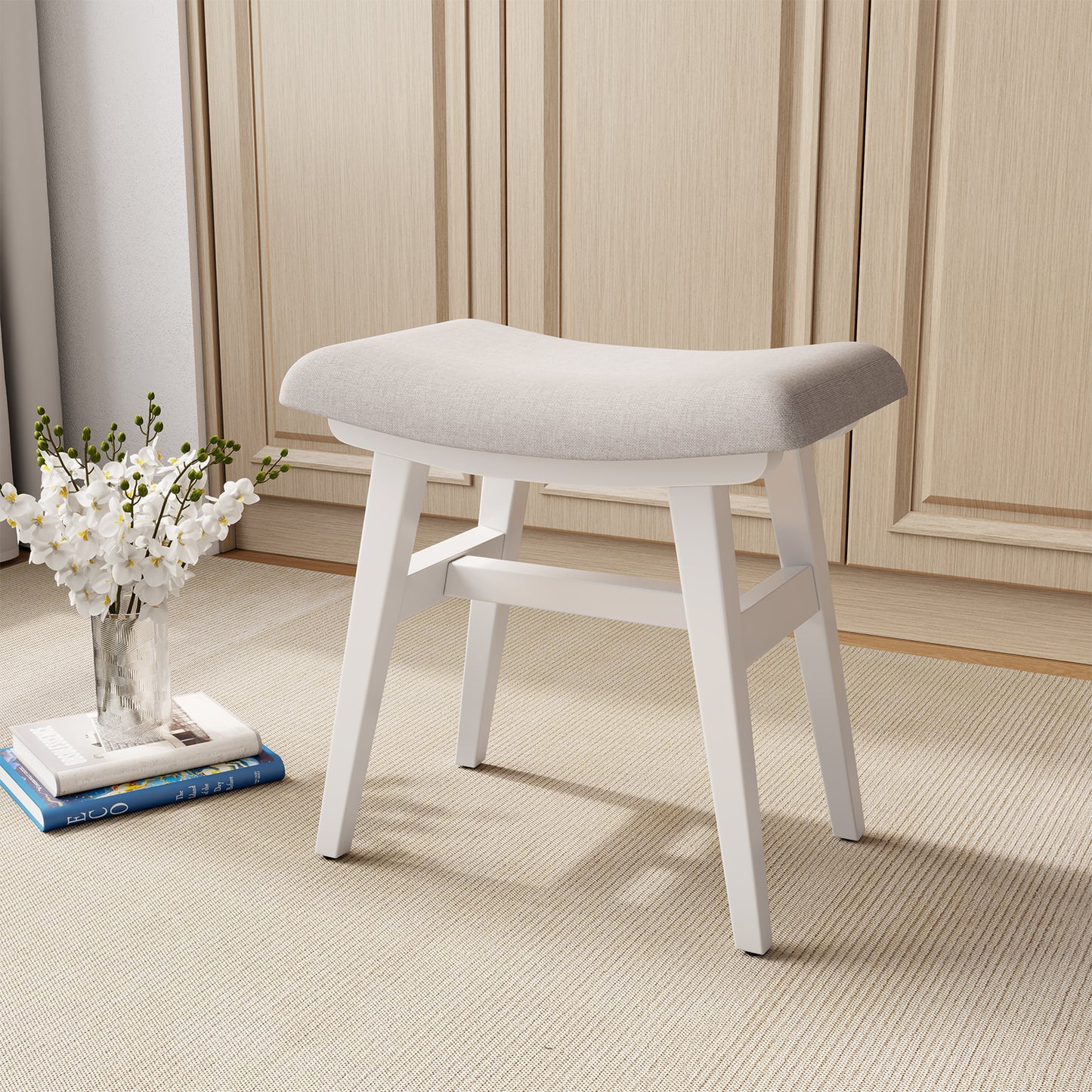 Solid Wood Vanity Stool, Saddle Cushion Vanity Bench with High-Strength Rebound Sponge, Easily Assembly, Vanity Chair, Foot Stool, Makeup Stool for Bedroom, Entryway