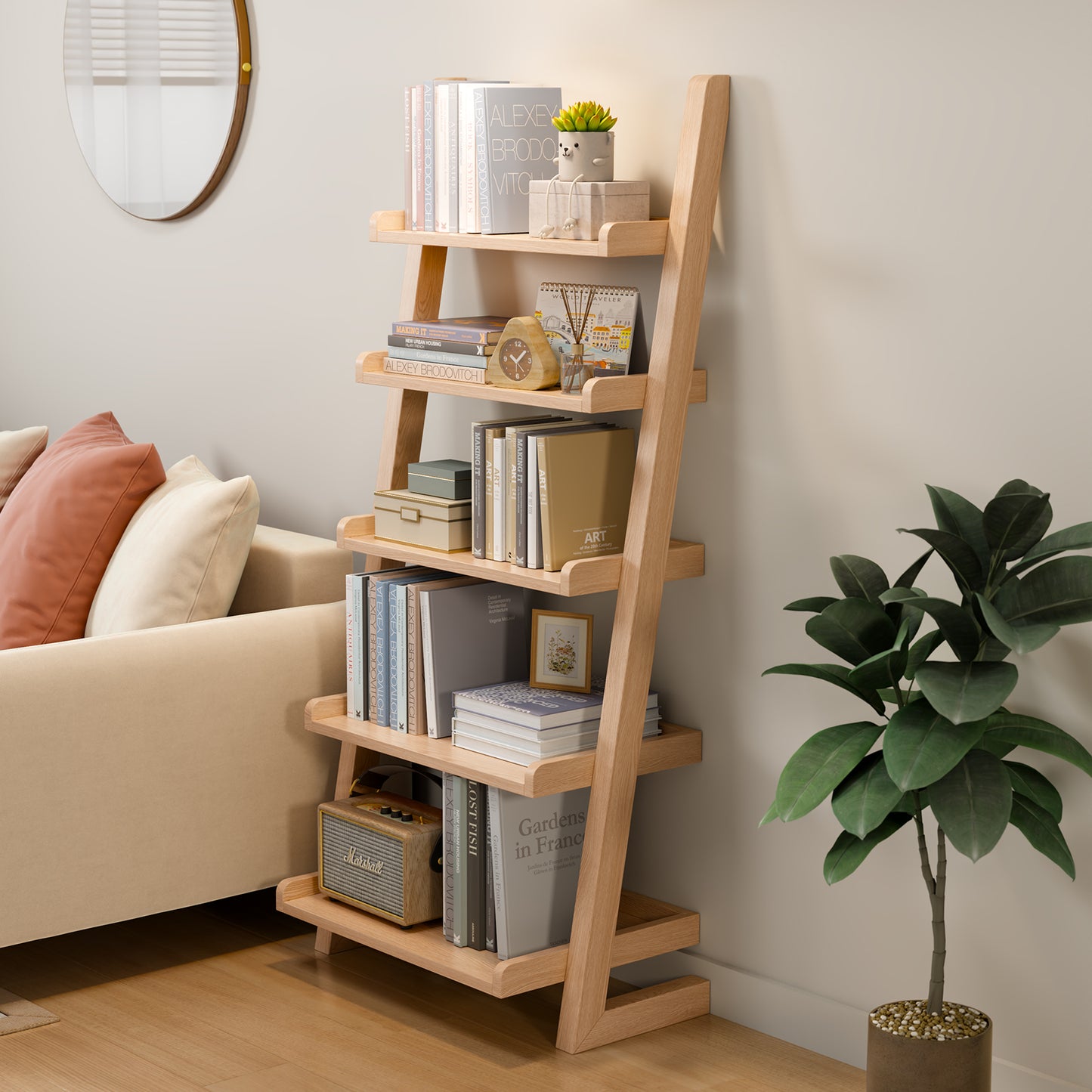 Wooden Ladder Shelf, Ladder Shelf Bookcase, 5 Tier Ladder Shelf with Stable Structure, Leaning Shelf for Living Room, Bedroom, Home Office