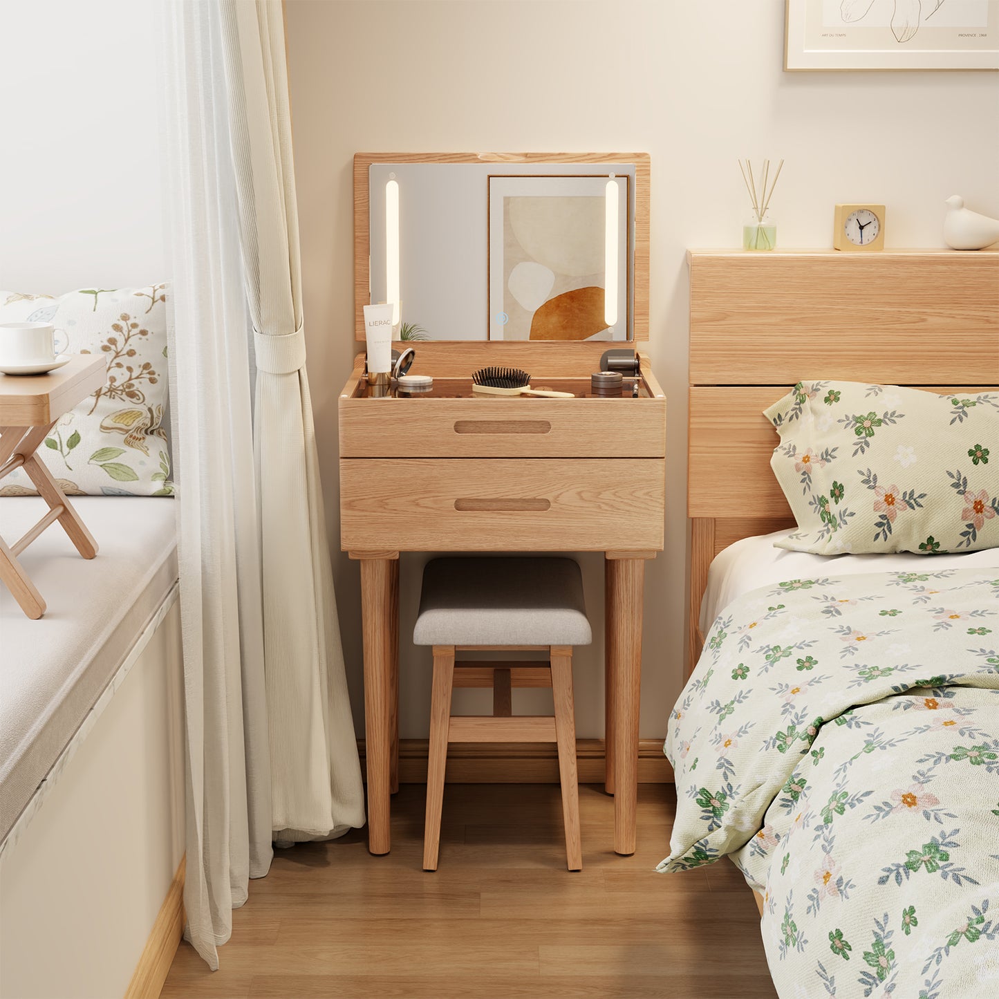 Solid Wood Vanity Desk with Plip Top Mirror & Lights, Small Makeup Vanity with Drawers, 3 Lighting Modes Adjustable Brightness, Vanity Table for Bedroom and Living Room