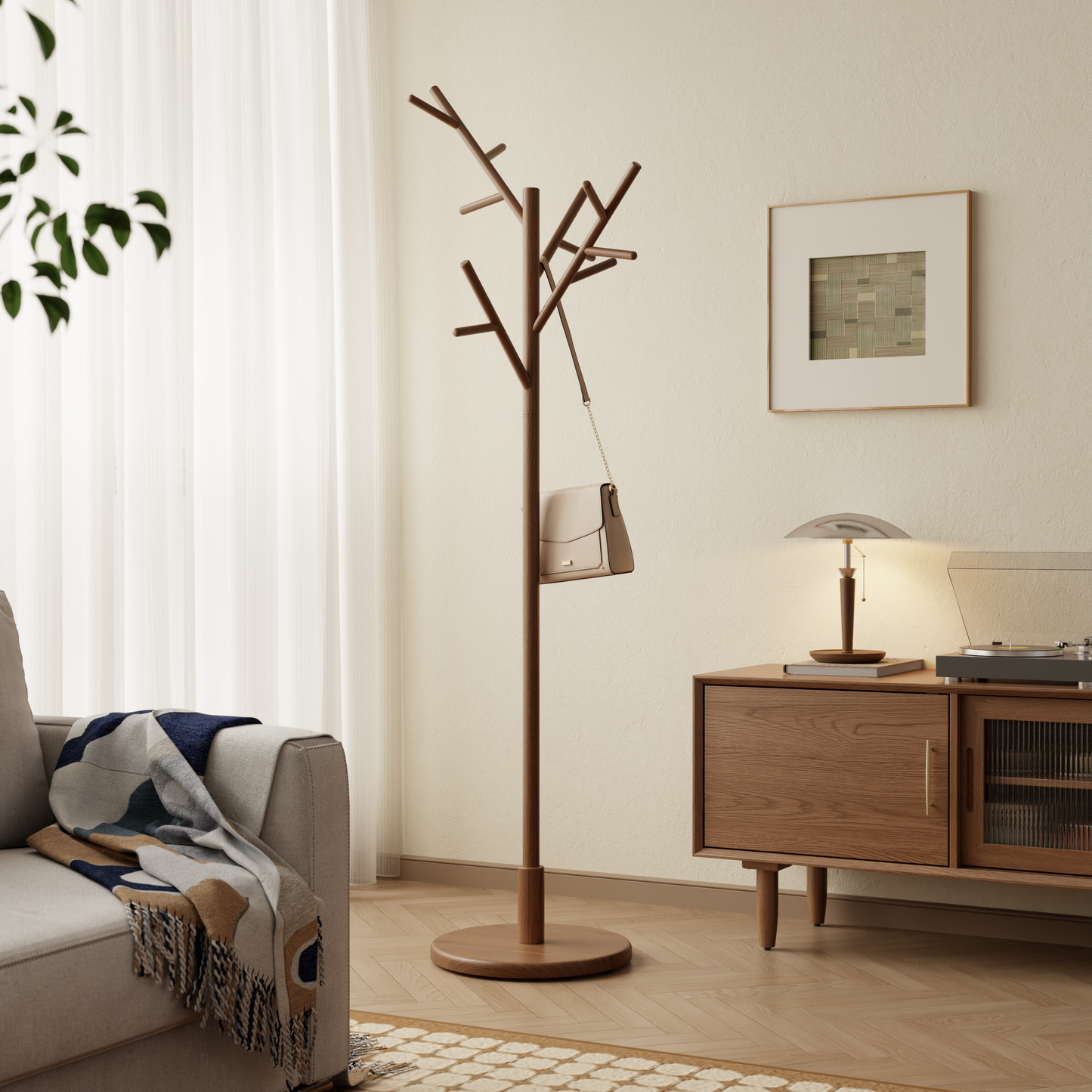 Coat Rack,Solid Wood Coat Rack Freestanding with 12 Hooks,Tree-Shaped Coat Rack 3 Adjustable Heights,Coat Tree for Clothes, Hats, Handbags, Coat Rack Stand for Entryway,Bedroom