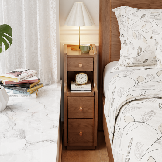 Solid Wood Narrow Nightstand with 3 Drawers – Modern Bedside Table for