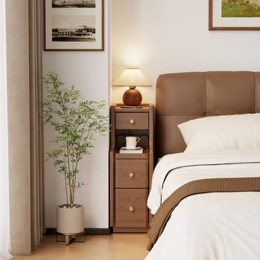 Solid Wood Narrow Nightstand with 3 Drawers – Modern Bedside Table for