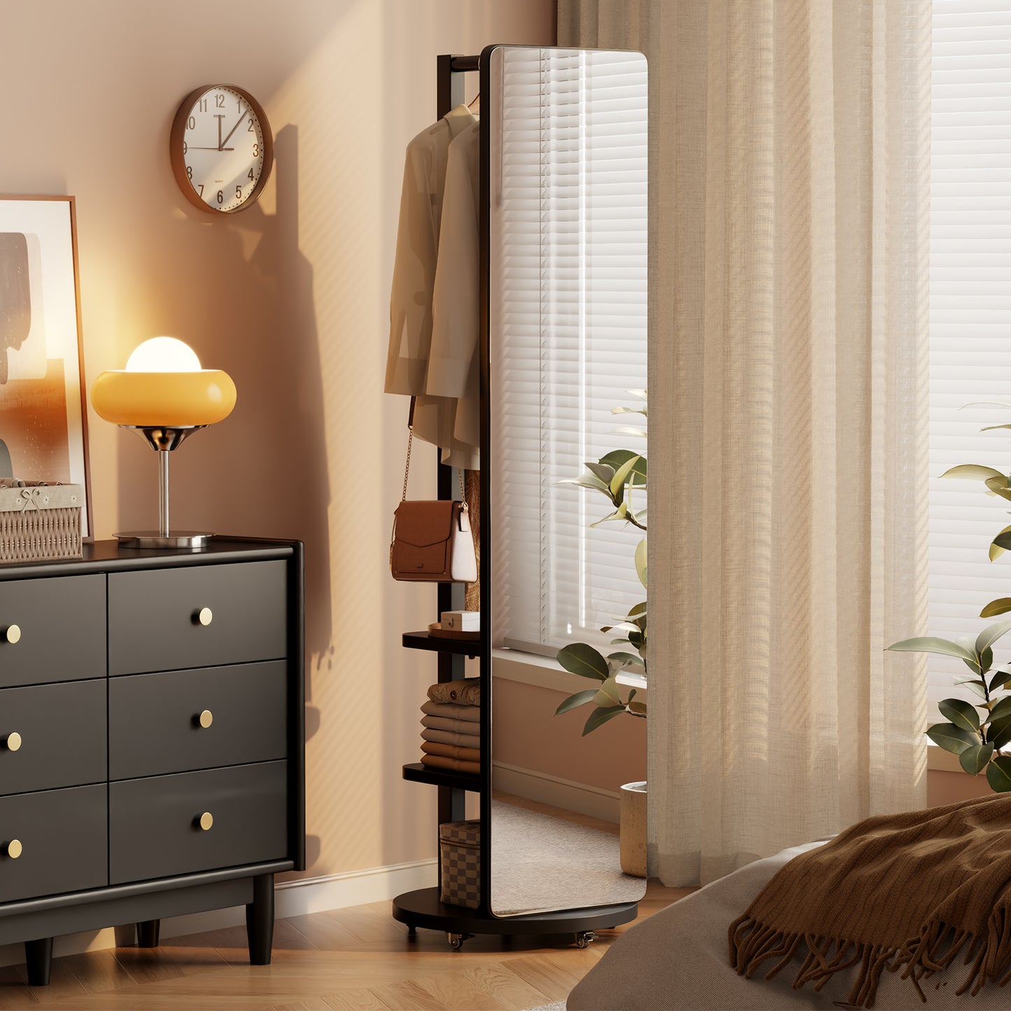 Ceramic Art Piece-2Full Length Mirror with Brake Wheels, 70"x16", Unique Solid Wood Oversized Floor Mirror with Coat Rack, Full Body Mirror for Bedroom, Living Room