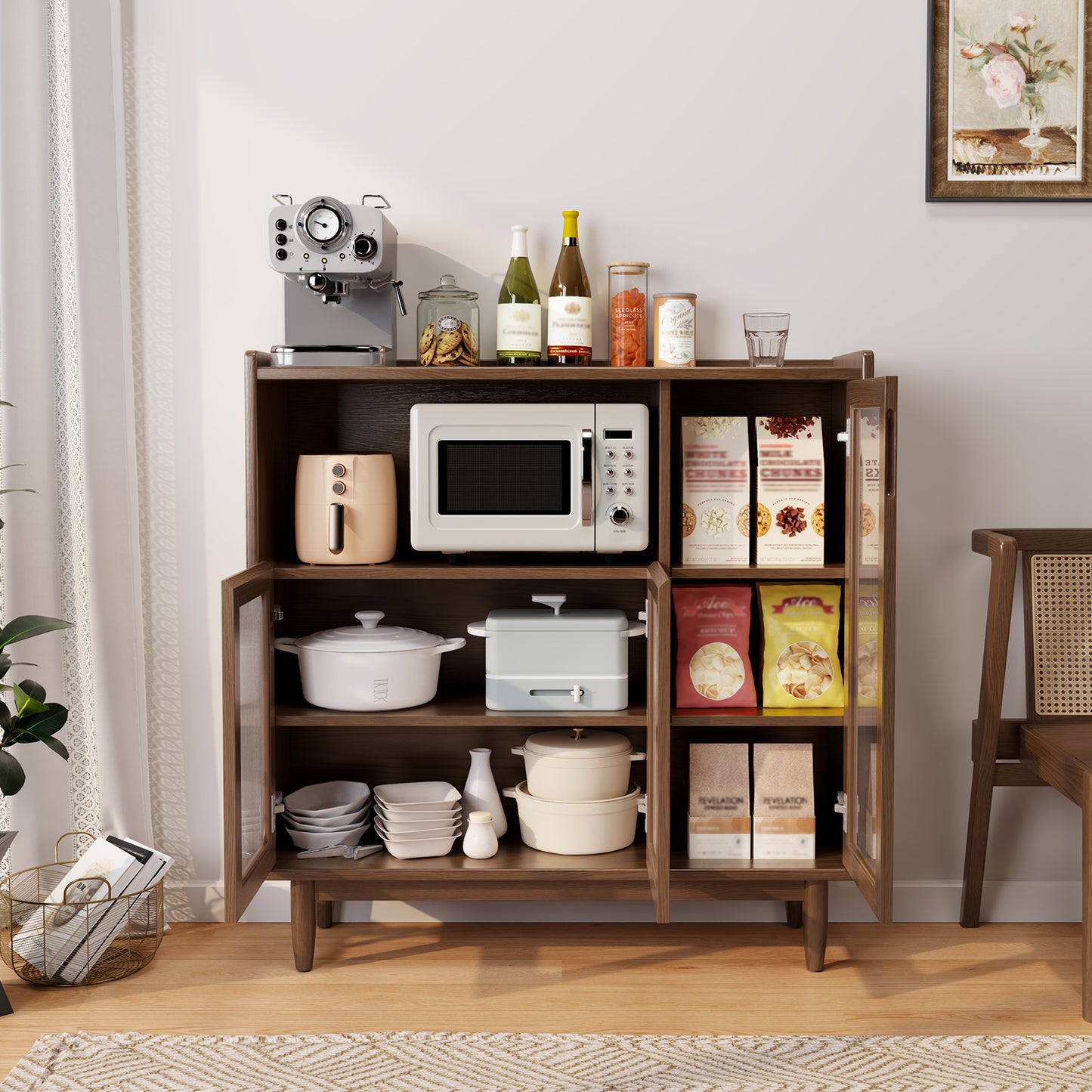 uffet Cabinet with Storage,Modern Sideboard Kitchen Cabinet with 3 Glass Doors,Sideboard Buffet Cabinet with Storage,39.3" Wood Coffee Bar Cabinet for Living Room,Hallway and Bedroom