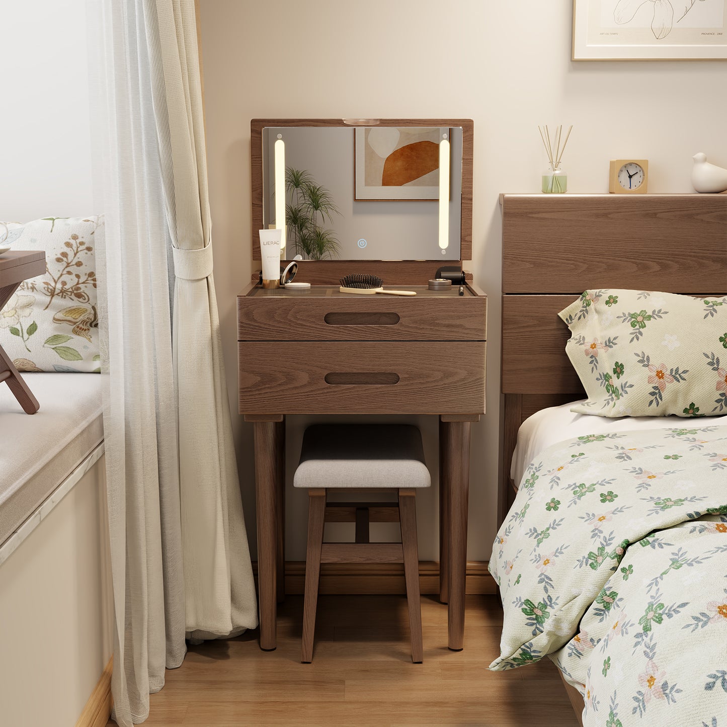 Solid Wood Vanity Desk with Plip Top Mirror & Lights, Small Makeup Vanity with Drawers, 3 Lighting Modes Adjustable Brightness, Vanity Table for Bedroom and Living Room