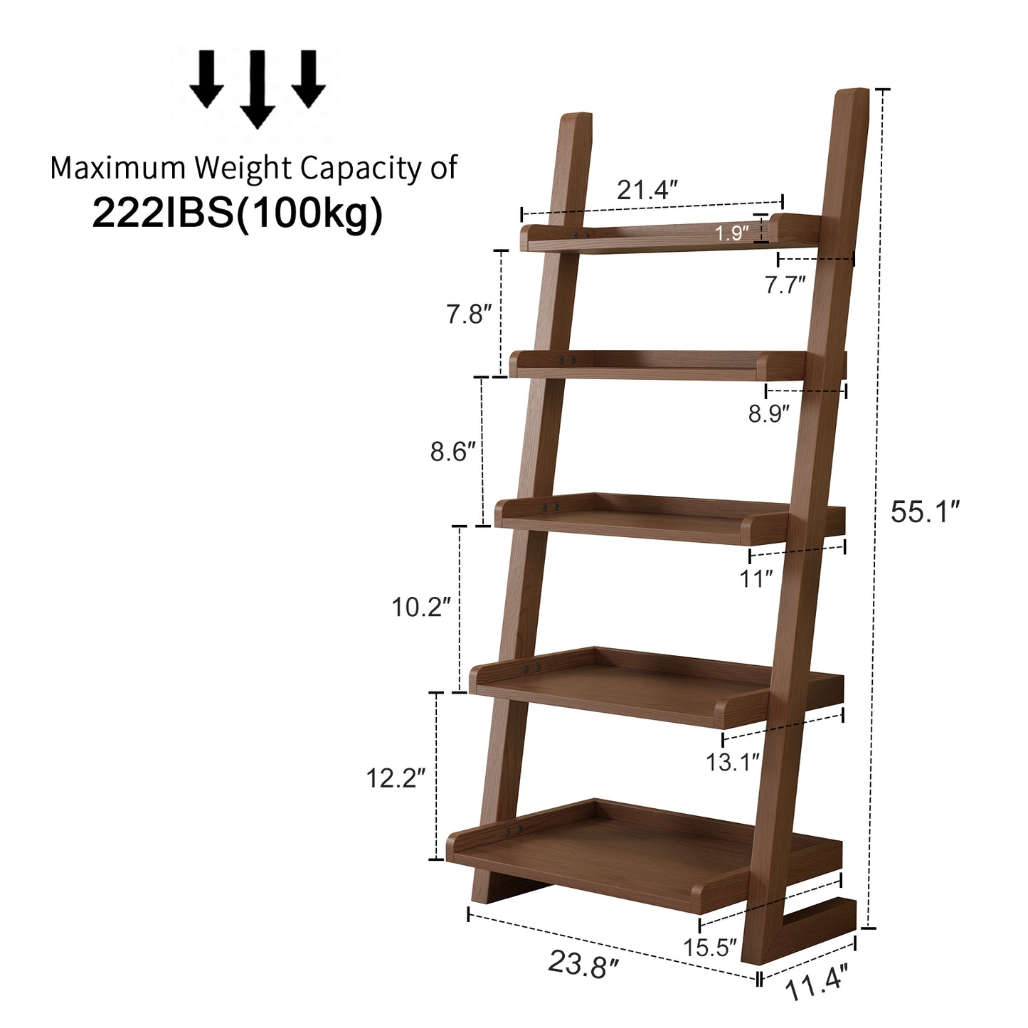 Wooden Ladder Shelf, Ladder Shelf Bookcase, 5 Tier Ladder Shelf with Stable Structure, Leaning Shelf for Living Room, Bedroom, Home Office