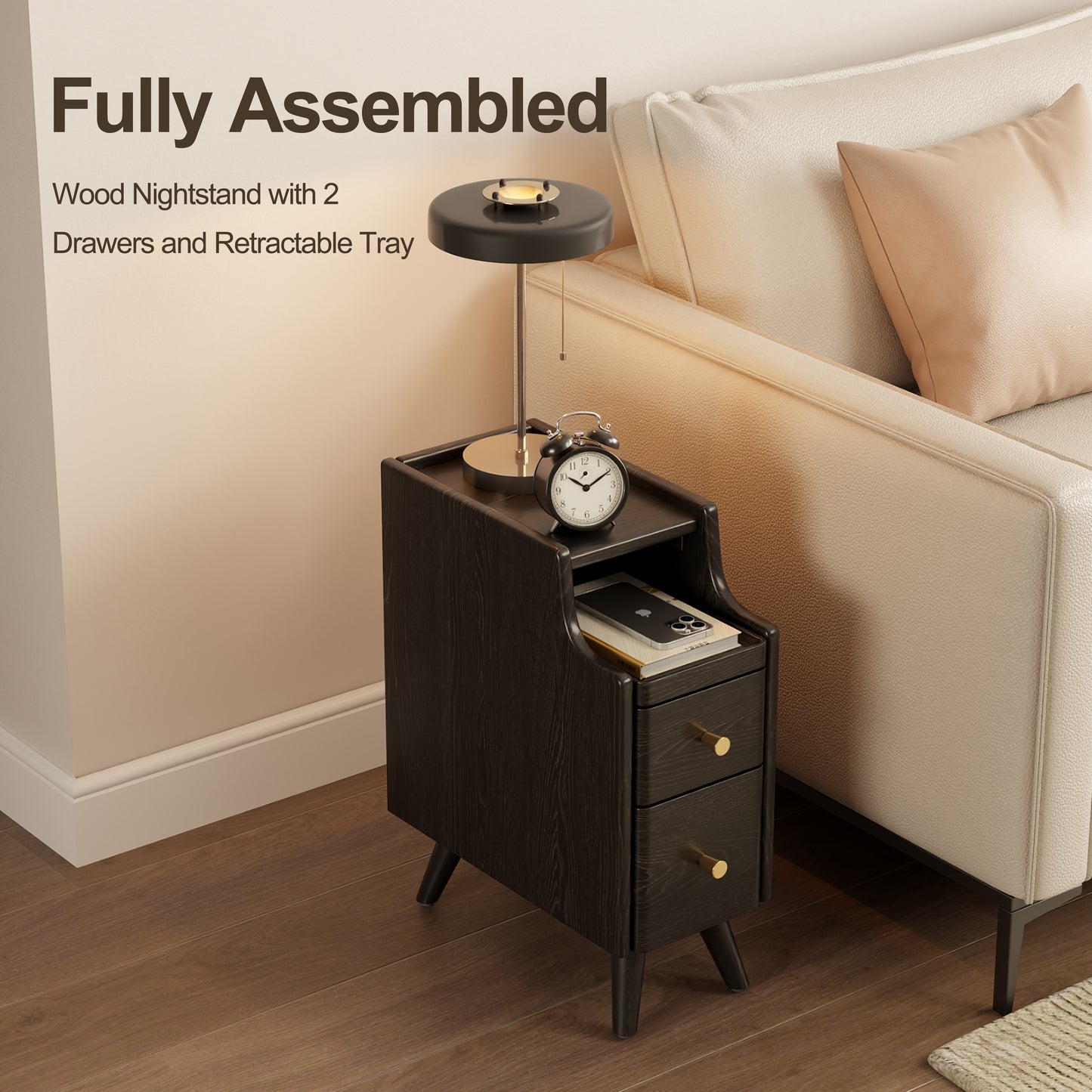 Small Nightstand,Solid Wood Nightstand with Drawers, Walnut Bedside Table for Bedroom