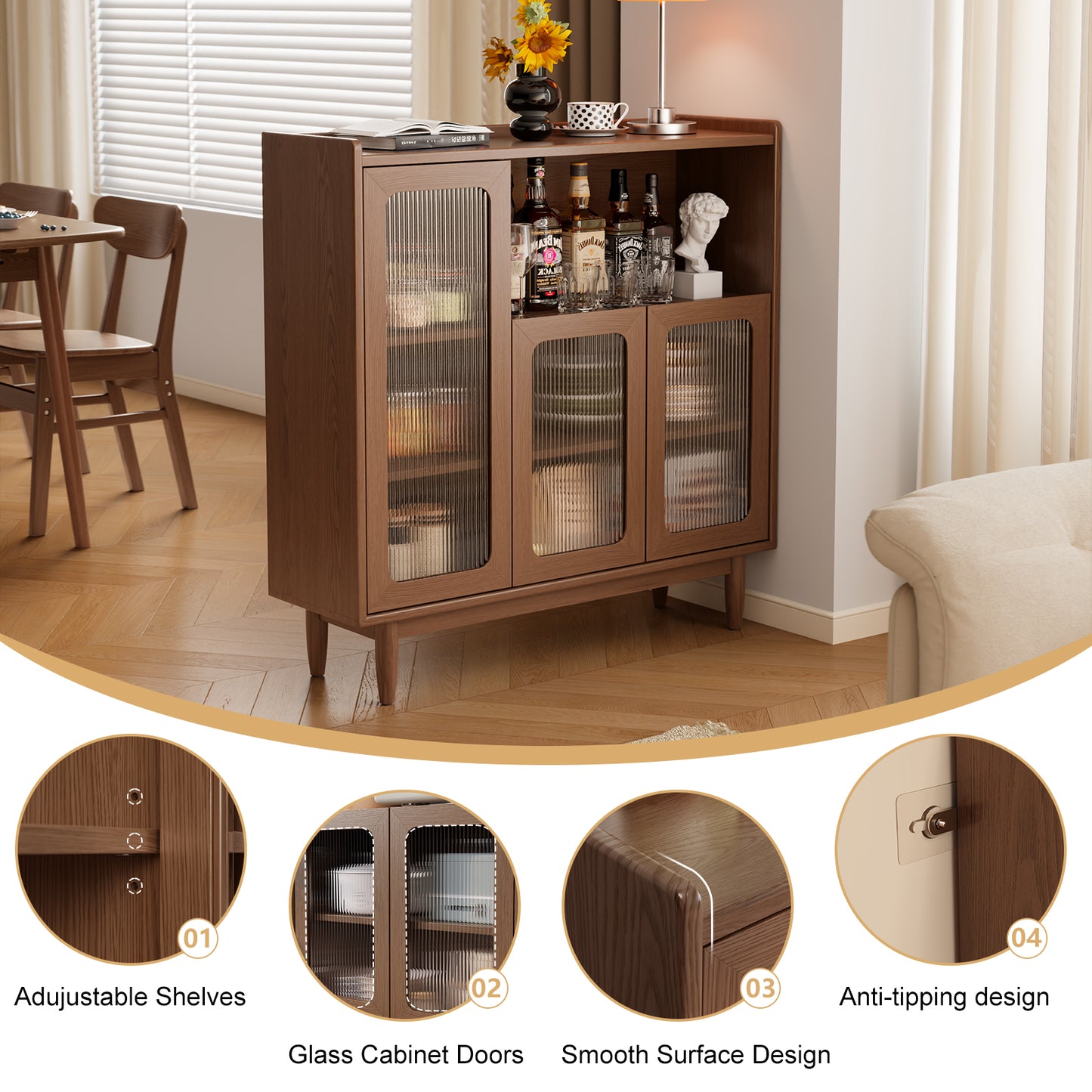 uffet Cabinet with Storage,Modern Sideboard Kitchen Cabinet with 3 Glass Doors,Sideboard Buffet Cabinet with Storage,39.3" Wood Coffee Bar Cabinet for Living Room,Hallway and Bedroom