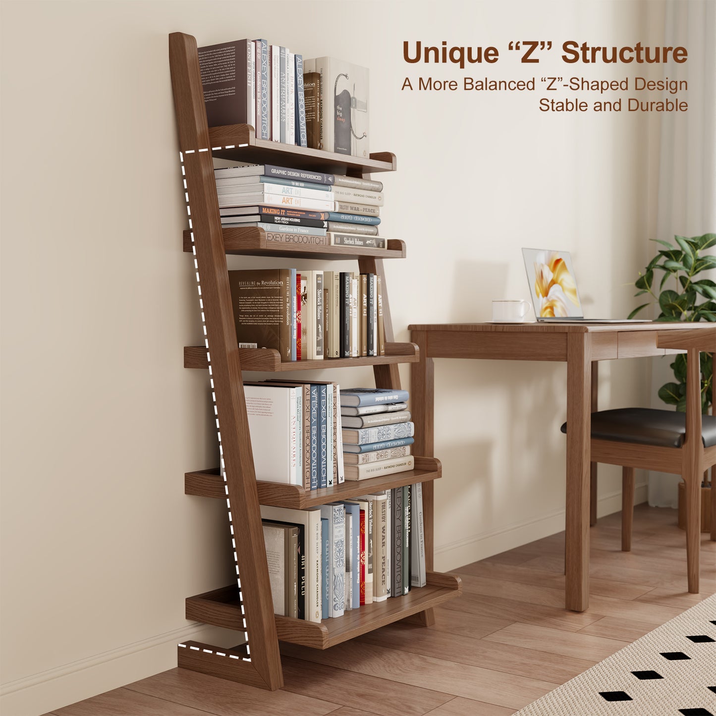 Wooden Ladder Shelf, Ladder Shelf Bookcase, 5 Tier Ladder Shelf with Stable Structure, Leaning Shelf for Living Room, Bedroom, Home Office