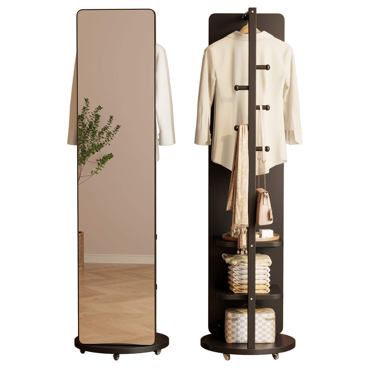 Ceramic Art Piece-2Full Length Mirror with Brake Wheels, 70"x16", Unique Solid Wood Oversized Floor Mirror with Coat Rack, Full Body Mirror for Bedroom, Living Room