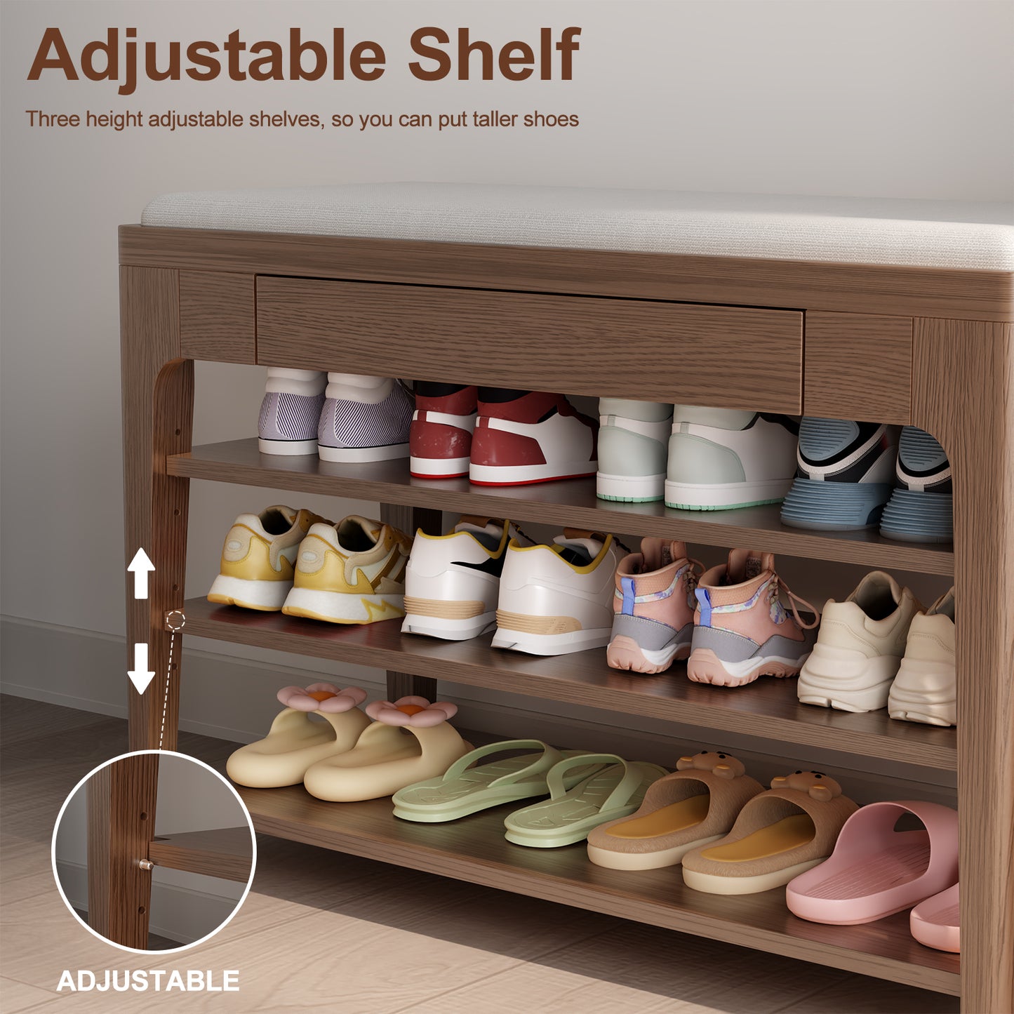 Small Shoe Bench with Storage, Wooden Shoe Storage Bench with Cushion&Hidden Drawer, 3-Tier Shoe Rack Bench for Entryway, Mudroom, Hallway