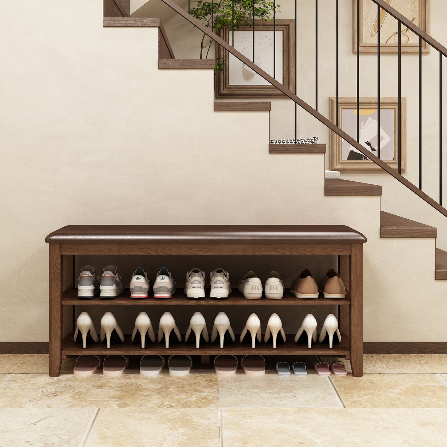 Shoe Bench with Leather Cushion, 3 Tiers Shoe Storage Bench Height Adjustable, Walnut Wood Entryway Bench for Hallway, Mudroom
