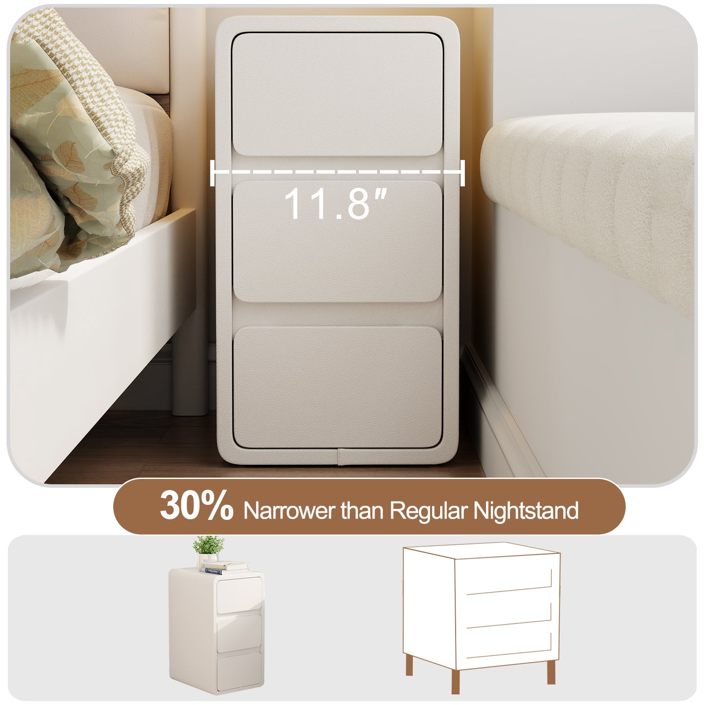 3 Tier Narrow White Nightstand