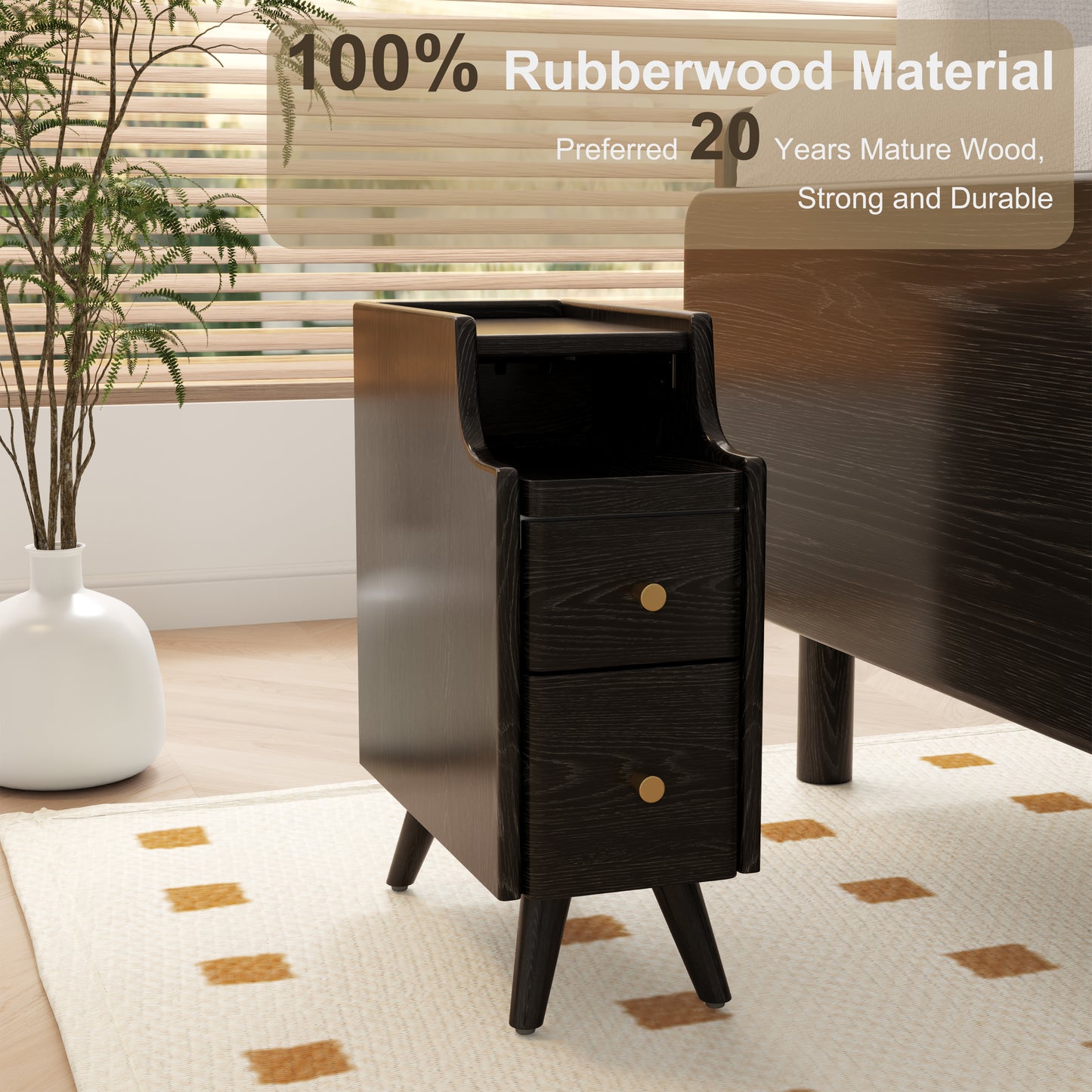 Small Nightstand,Solid Wood Nightstand with Drawers, Walnut Bedside Table for Bedroom