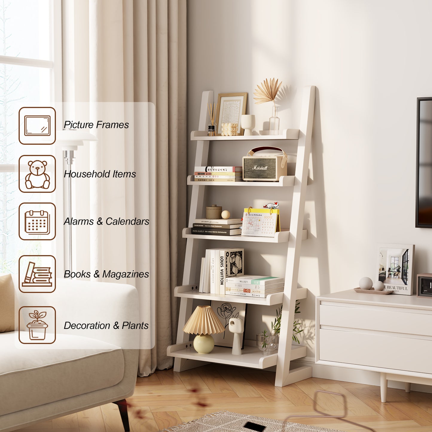 Wooden Ladder Shelf, Ladder Shelf Bookcase, 5 Tier Ladder Shelf with Stable Structure, Leaning Shelf for Living Room, Bedroom, Home Office