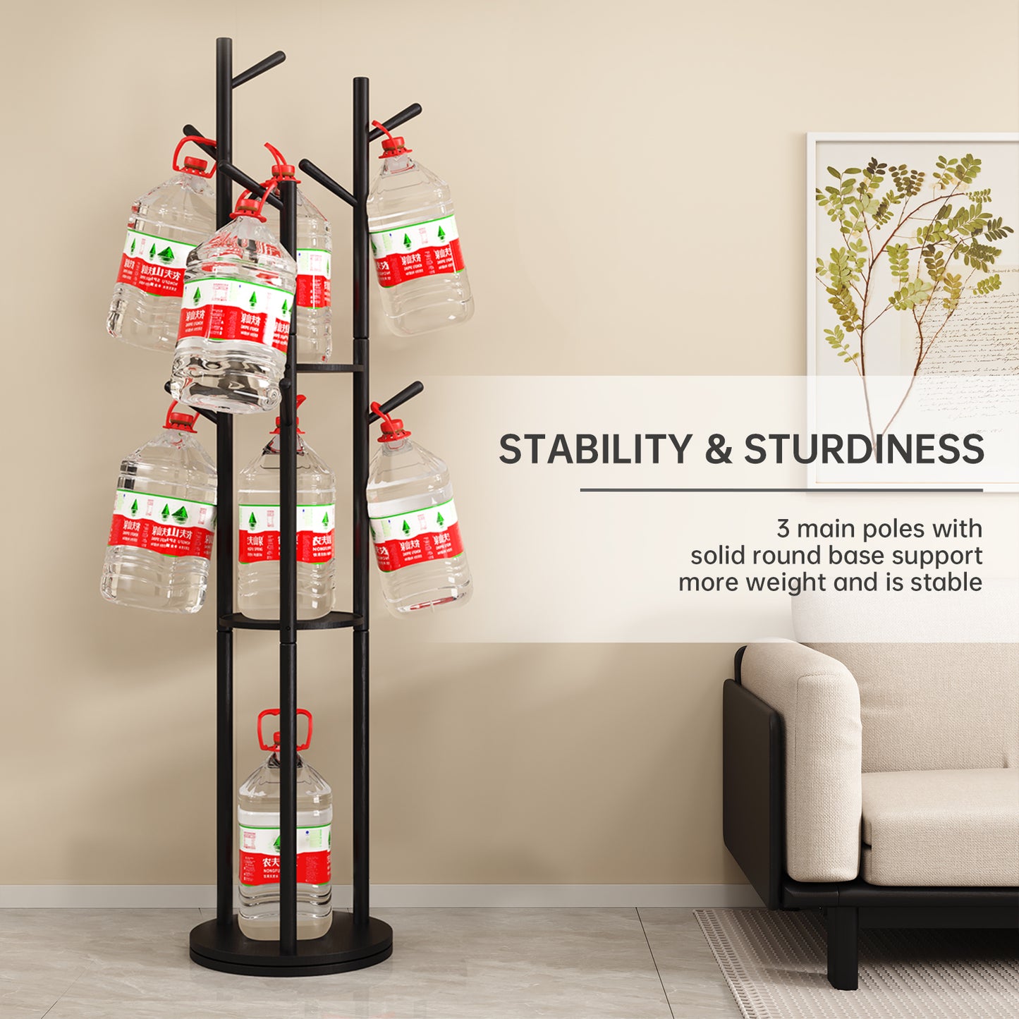 KungFuWood KASLANDI Coat Rack, Solid Wood Rotary Coat Rack Stand, Freestanding Coat Rack with 3 Shelves and 9 Hooks, Sturdy and Easy to Assemble Coat Tree for Entryway, Bedroom, Coats, Bags