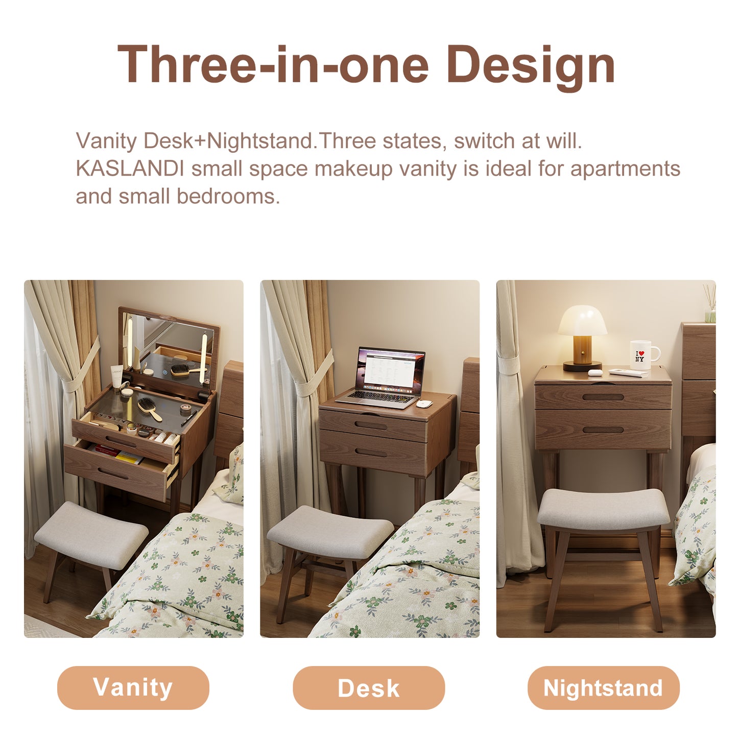 Solid Wood Vanity Desk with Plip Top Mirror & Lights, Small Makeup Vanity with Drawers, 3 Lighting Modes Adjustable Brightness, Vanity Table for Bedroom and Living Room