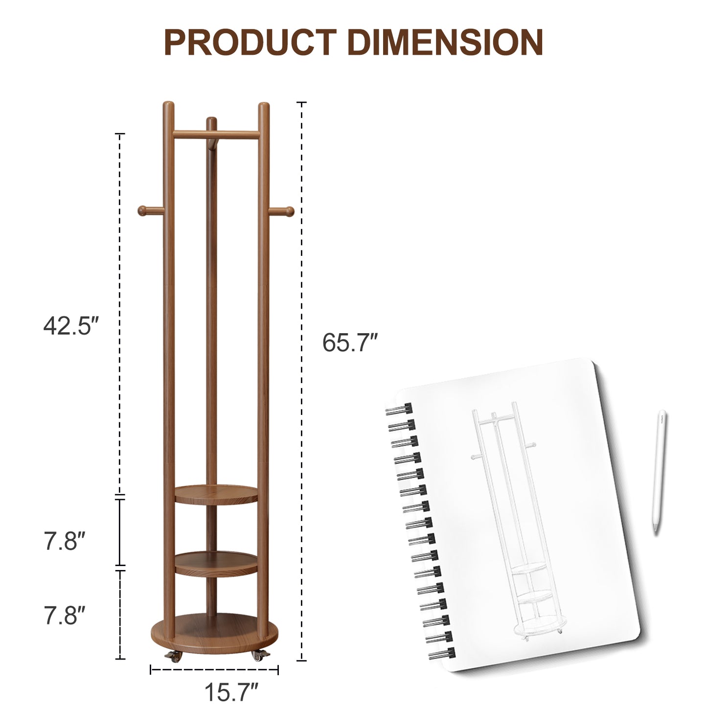 Solid Wood Coat Rack with Brake Wheels,T-shape Design Coat Rack Freestanding, Coat Rack Stand for Suits Clothes Jacket Entryway,Bedroom,Living Room