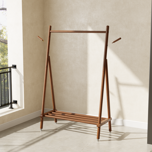 Solid Wood Rolling Clothes Rack with Shelves
