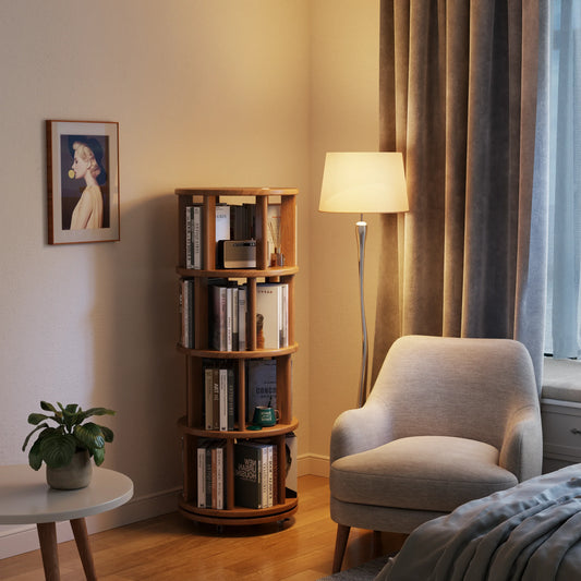 Rotating Round Bookshelf, Adjustable 1-6 Tiers – Space-Saving Storage Rack