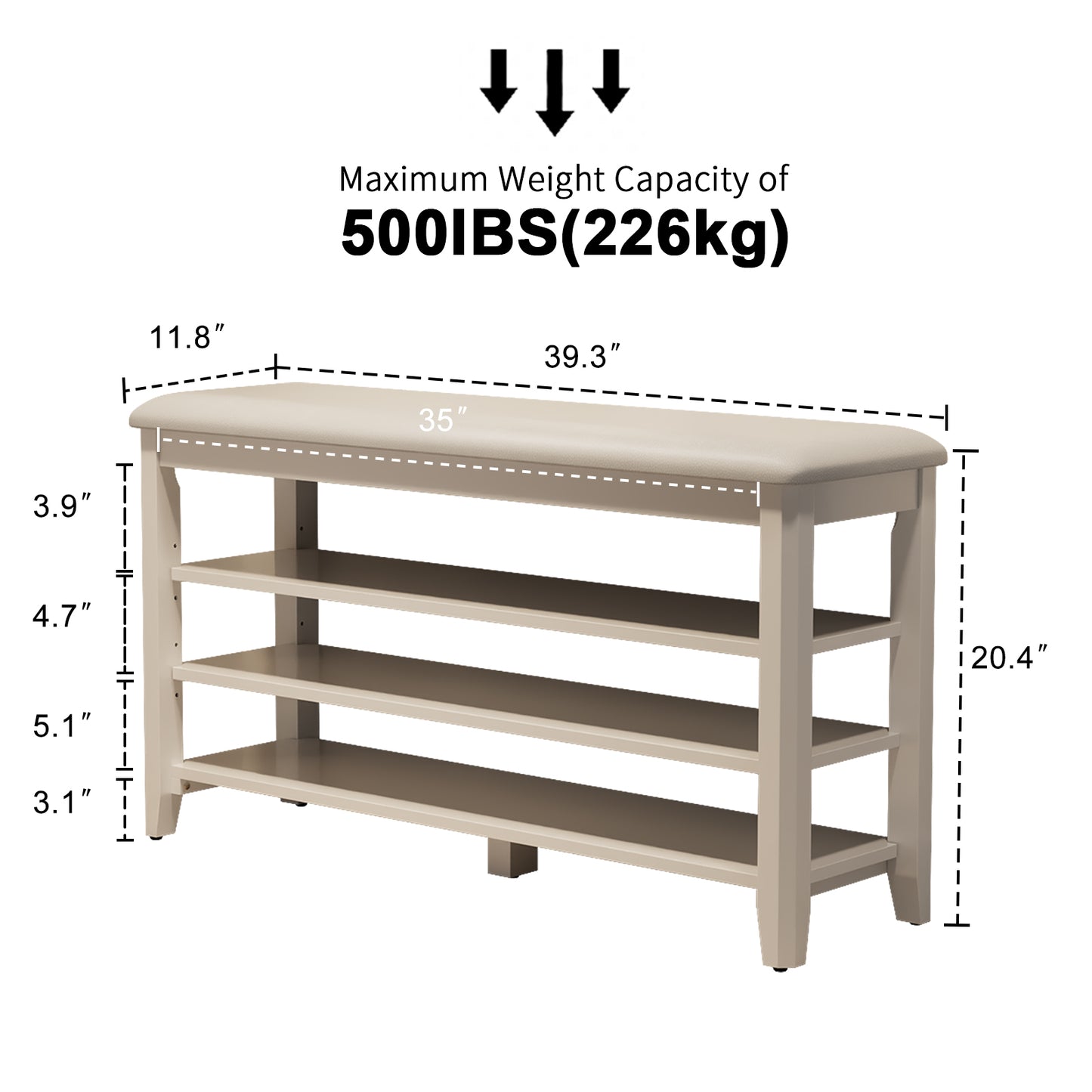 Shoe Bench with Leather Cushion, 3 Tiers Shoe Storage Bench Height Adjustable, Walnut Wood Entryway Bench for Hallway, Mudroom