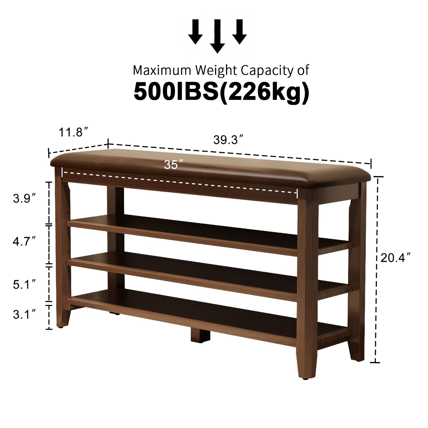 Shoe Bench with Leather Cushion, 3 Tiers Shoe Storage Bench Height Adjustable, Walnut Wood Entryway Bench for Hallway, Mudroom