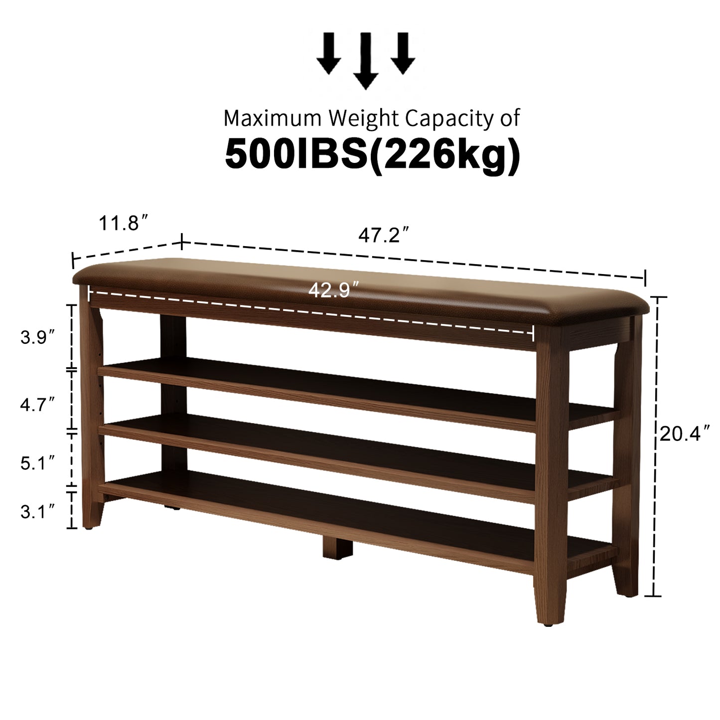 Shoe Bench with Leather Cushion, 3 Tiers Shoe Storage Bench Height Adjustable, Walnut Wood Entryway Bench for Hallway, Mudroom