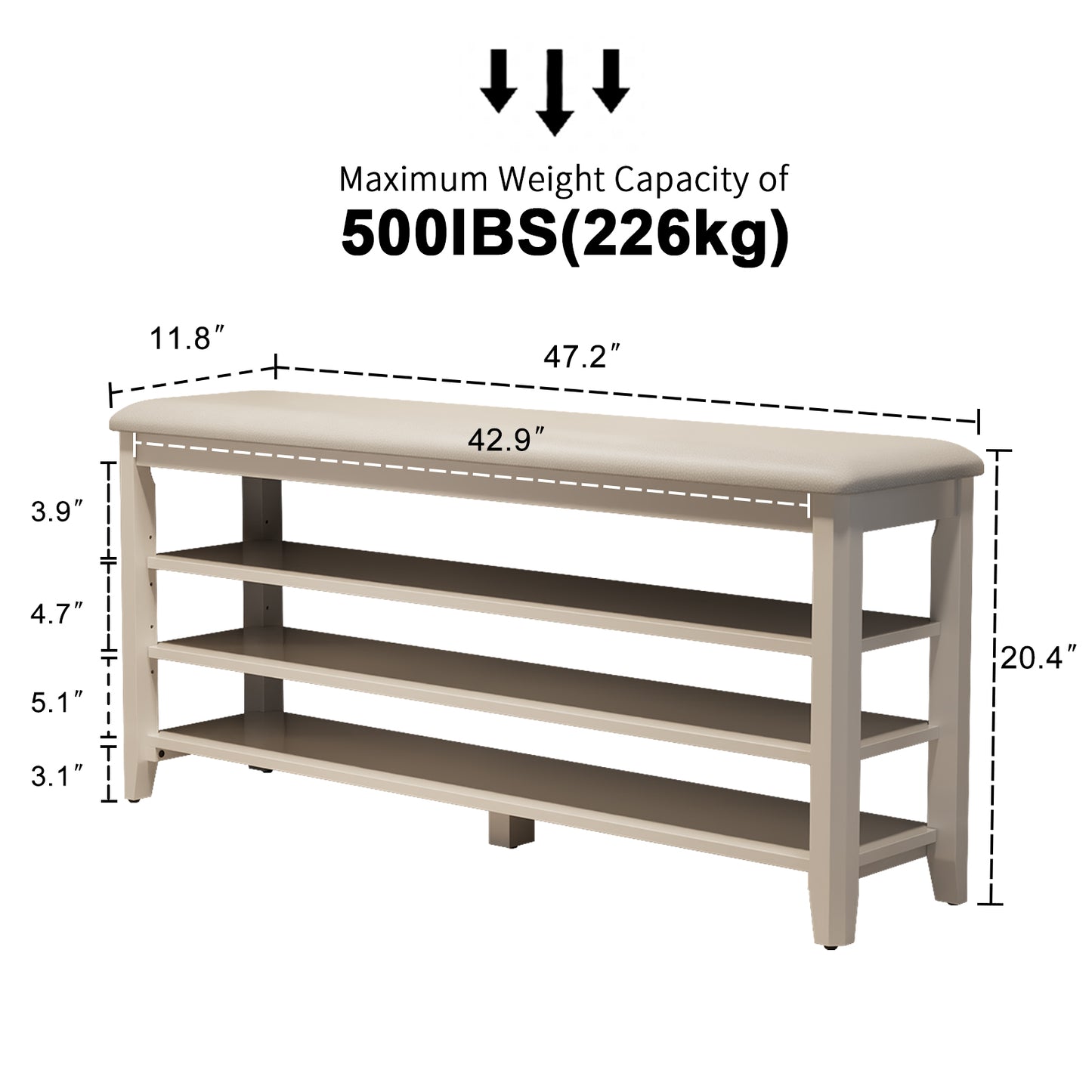 Shoe Bench with Leather Cushion, 3 Tiers Shoe Storage Bench Height Adjustable, Walnut Wood Entryway Bench for Hallway, Mudroom