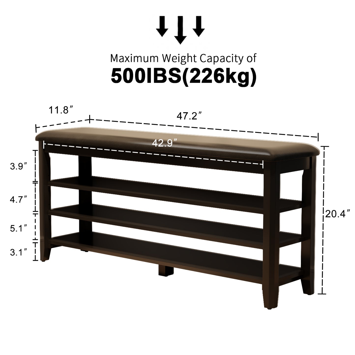 Shoe Bench with Leather Cushion, 3 Tiers Shoe Storage Bench Height Adjustable, Walnut Wood Entryway Bench for Hallway, Mudroom