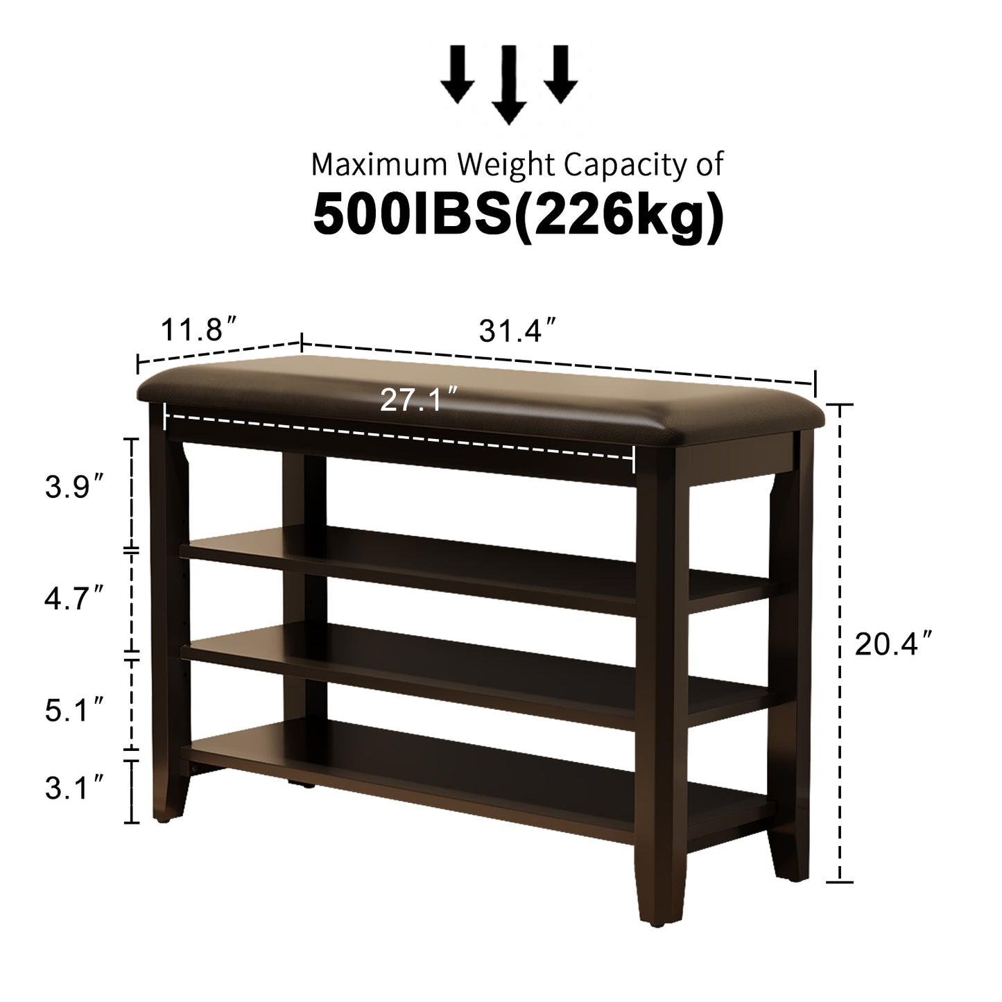 Shoe Bench with Leather Cushion, 3 Tiers Shoe Storage Bench Height Adjustable, Walnut Wood Entryway Bench for Hallway, Mudroom