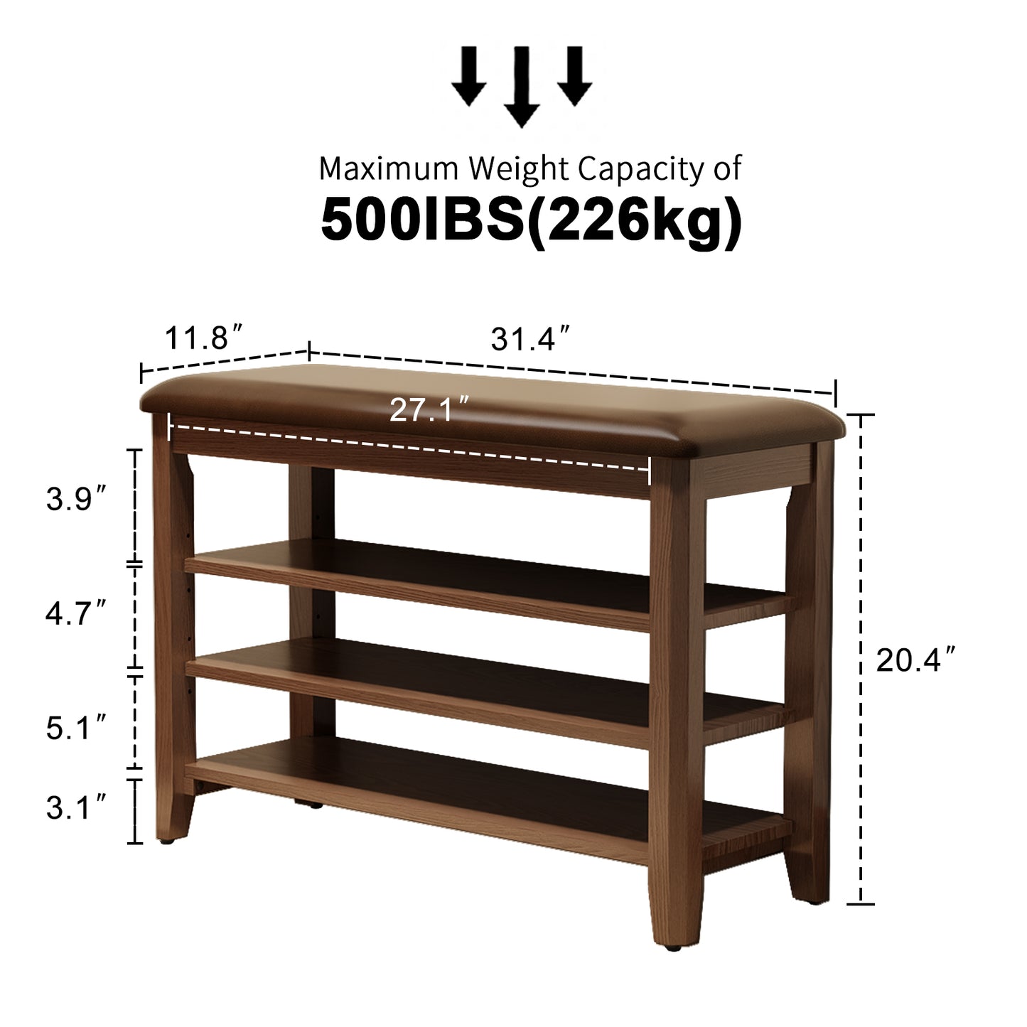 Shoe Bench with Leather Cushion, 3 Tiers Shoe Storage Bench Height Adjustable, Walnut Wood Entryway Bench for Hallway, Mudroom