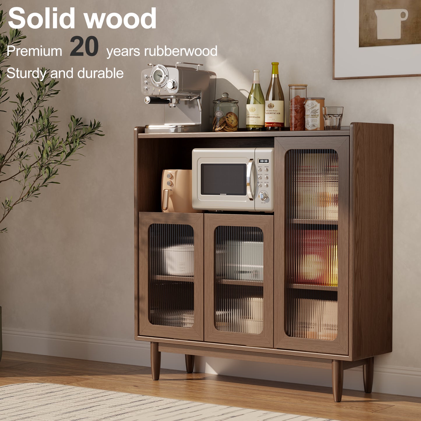 uffet Cabinet with Storage,Modern Sideboard Kitchen Cabinet with 3 Glass Doors,Sideboard Buffet Cabinet with Storage,39.3" Wood Coffee Bar Cabinet for Living Room,Hallway and Bedroom