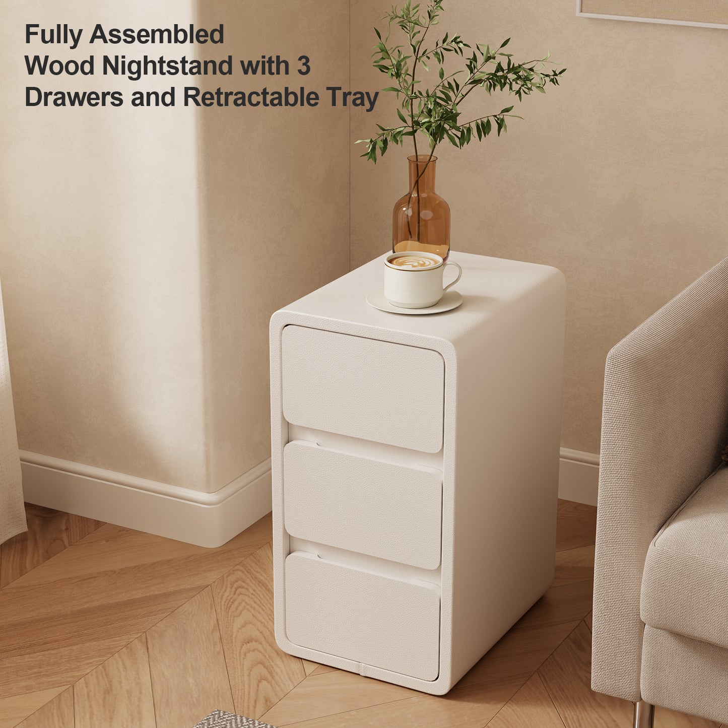 3 Tier Narrow White Nightstand