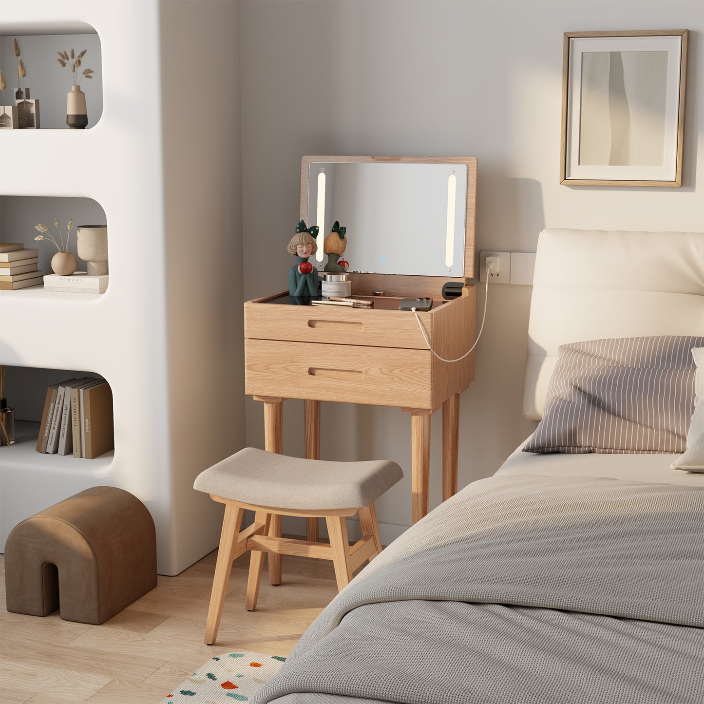 Solid Wood Vanity Desk with Plip Top Mirror & Lights, Small Makeup Vanity with Drawers, 3 Lighting Modes Adjustable Brightness, Vanity Table for Bedroom and Living Room