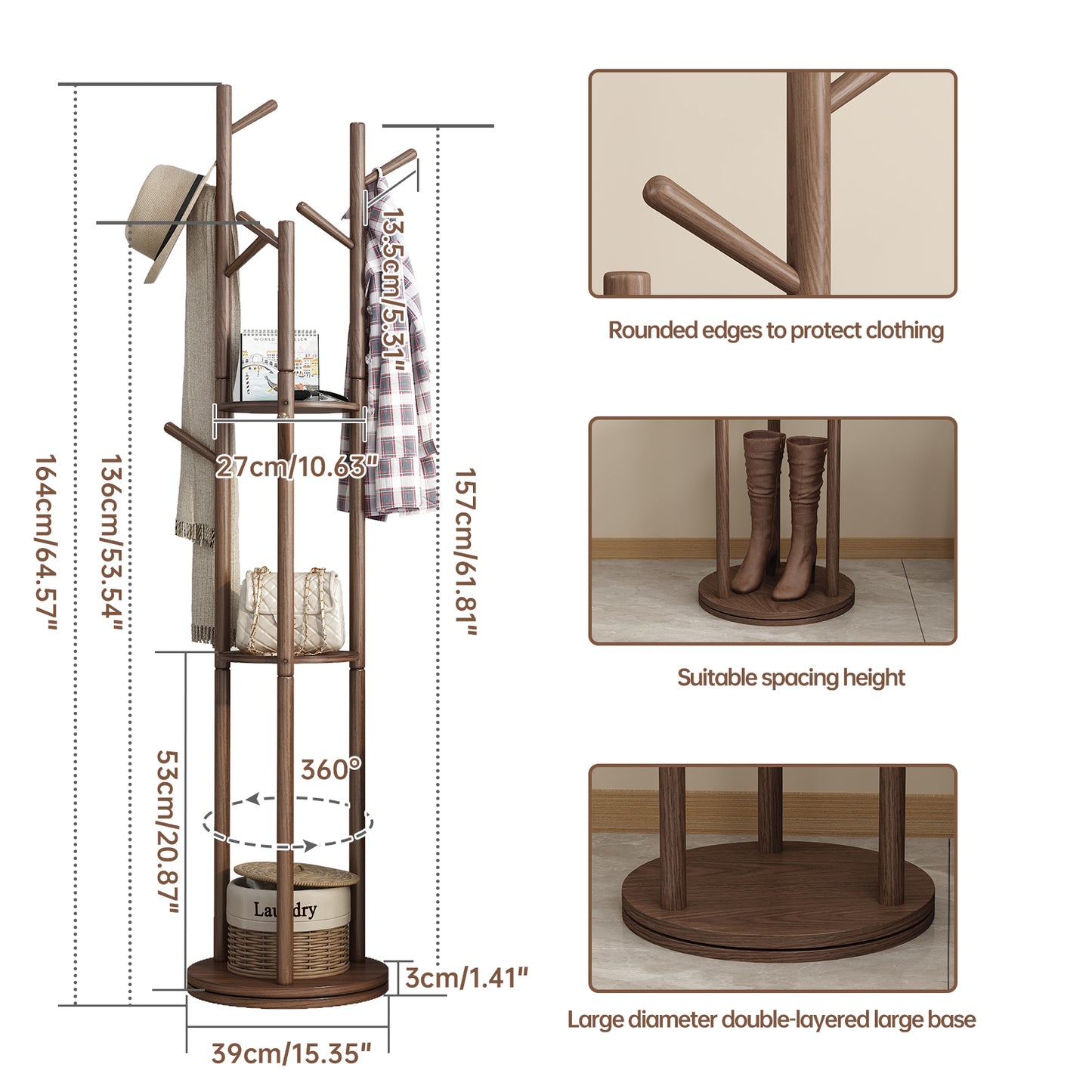 KungFuWood KASLANDI Coat Rack, Solid Wood Rotary Coat Rack Stand, Freestanding Coat Rack with 3 Shelves and 9 Hooks, Sturdy and Easy to Assemble Coat Tree for Entryway, Bedroom, Coats, Bags
