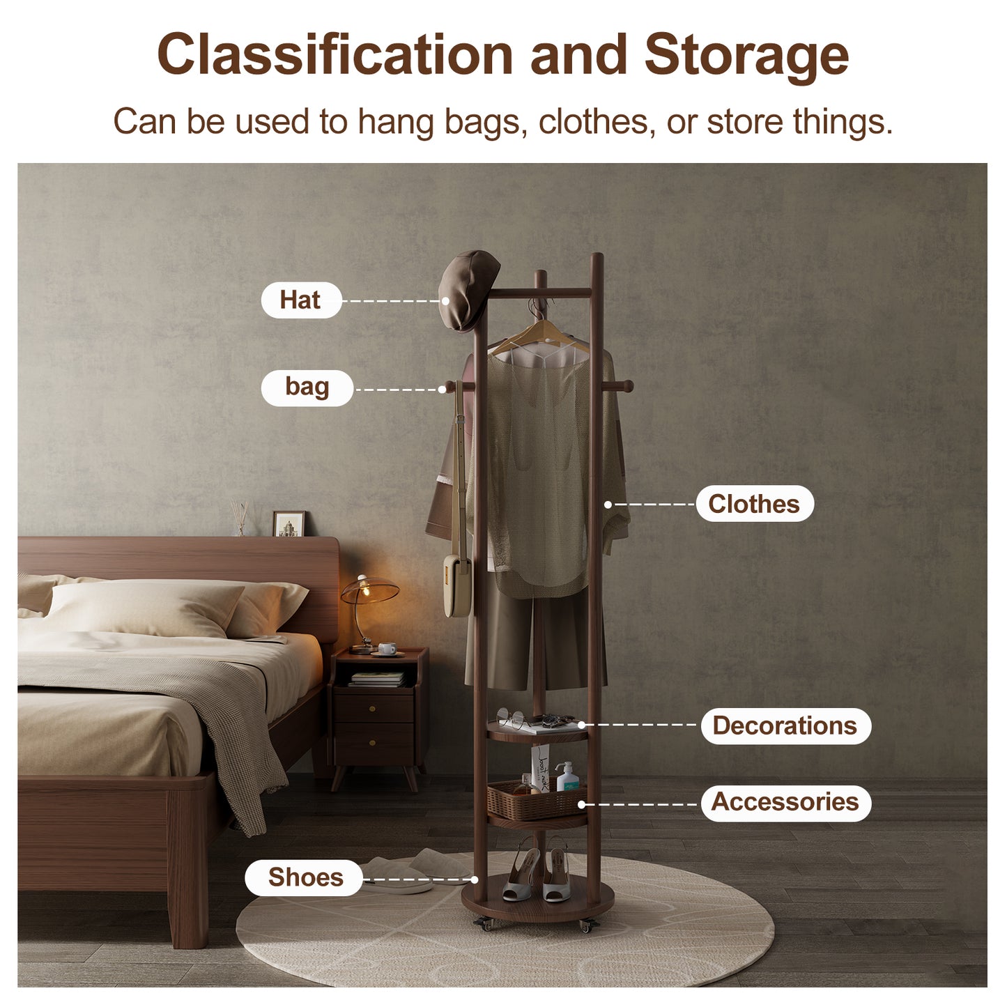Solid Wood Coat Rack with Brake Wheels,T-shape Design Coat Rack Freestanding, Coat Rack Stand for Suits Clothes Jacket Entryway,Bedroom,Living Room
