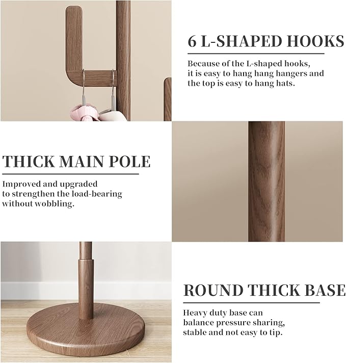 Solid Wood Cactus Coat Rack Stand, Freestanding Coat Rack with 6 L-shaped Hooks and 3 Adjustable Sizes, Sturdy and Easy to Assemble Coat Tree for Entryway, Bedroom